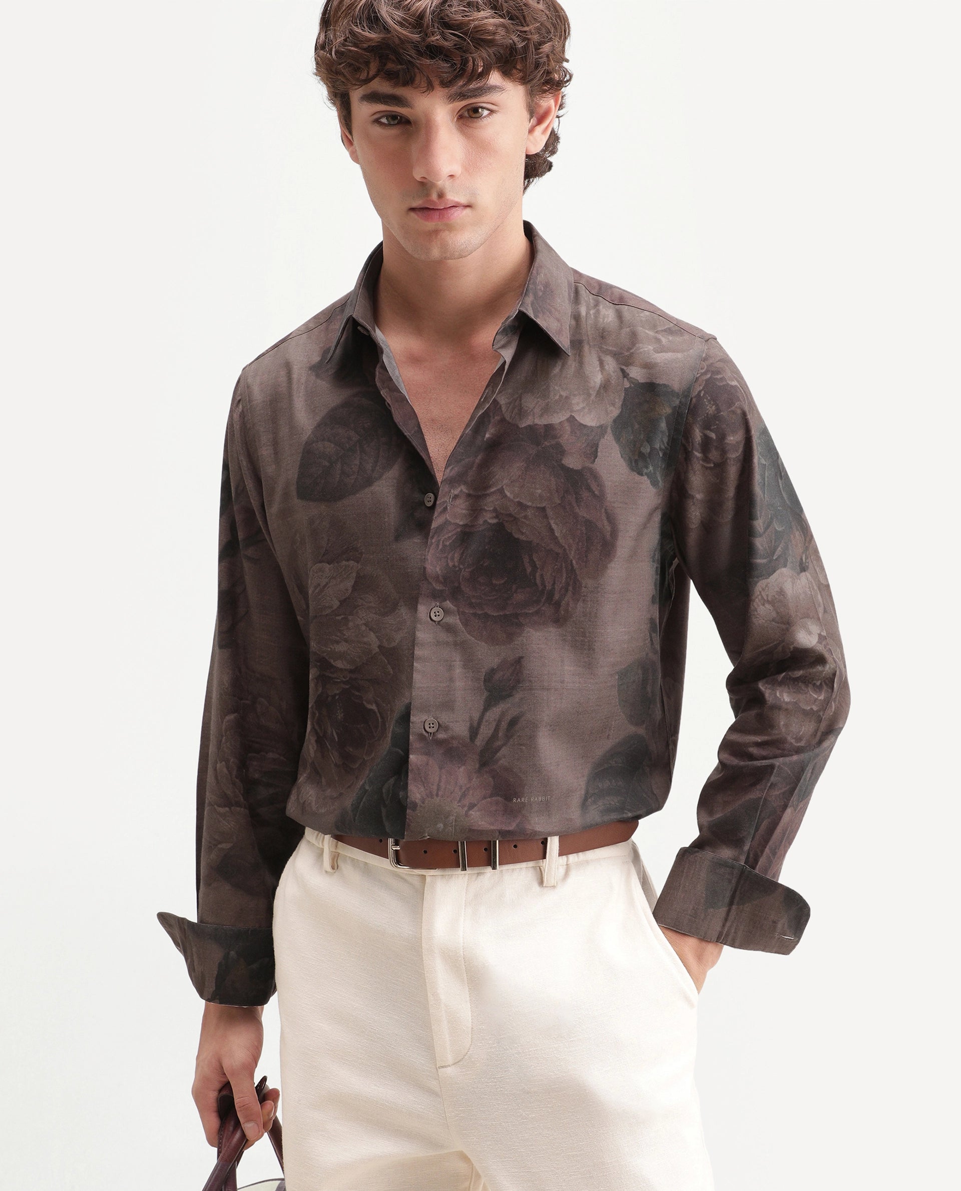 Rare Rabbit Men's Mace Light Brown Cotton Blend Spread Collar Regular Floral Print Shirt