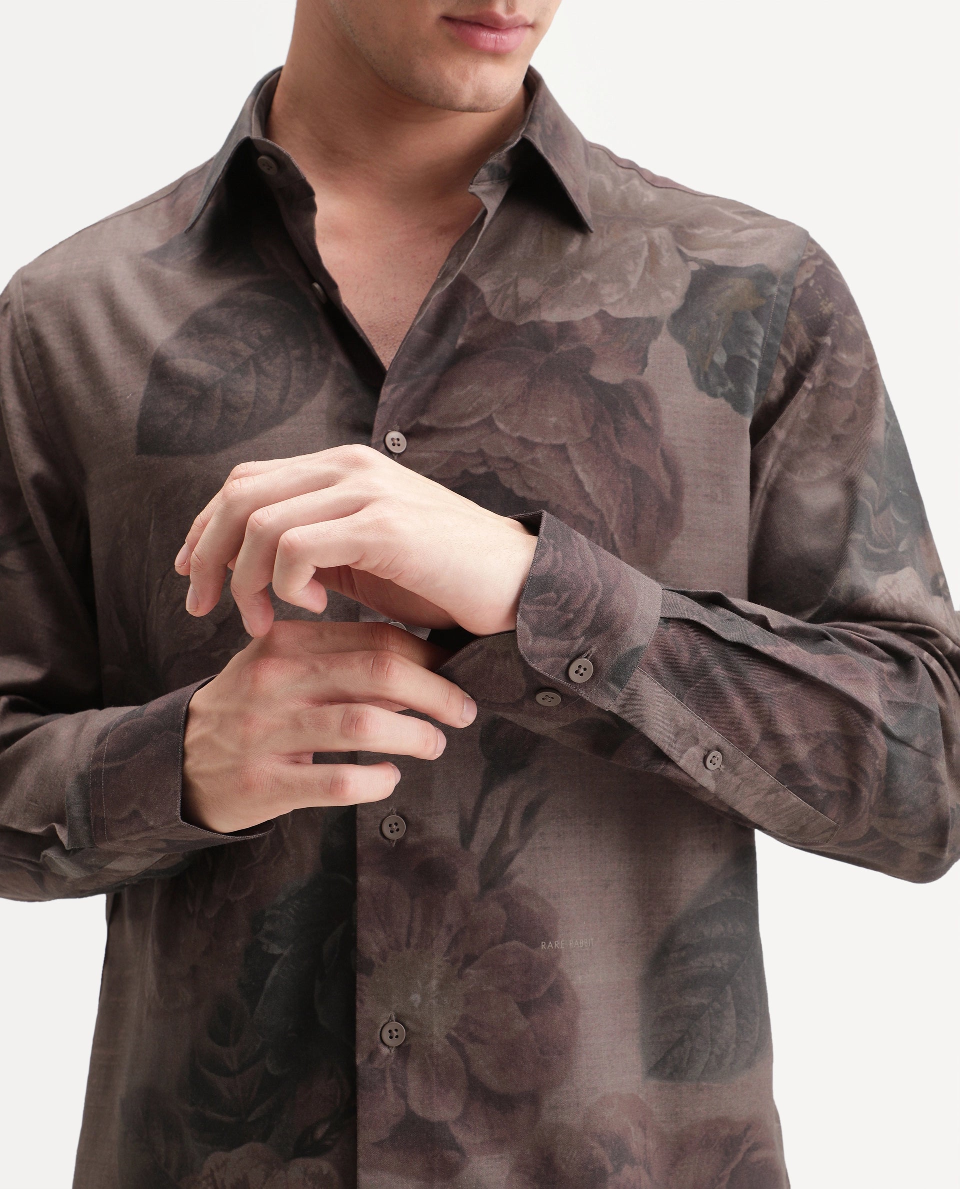 Rare Rabbit Men's Mace Light Brown Cotton Blend Spread Collar Regular Floral Print Shirt