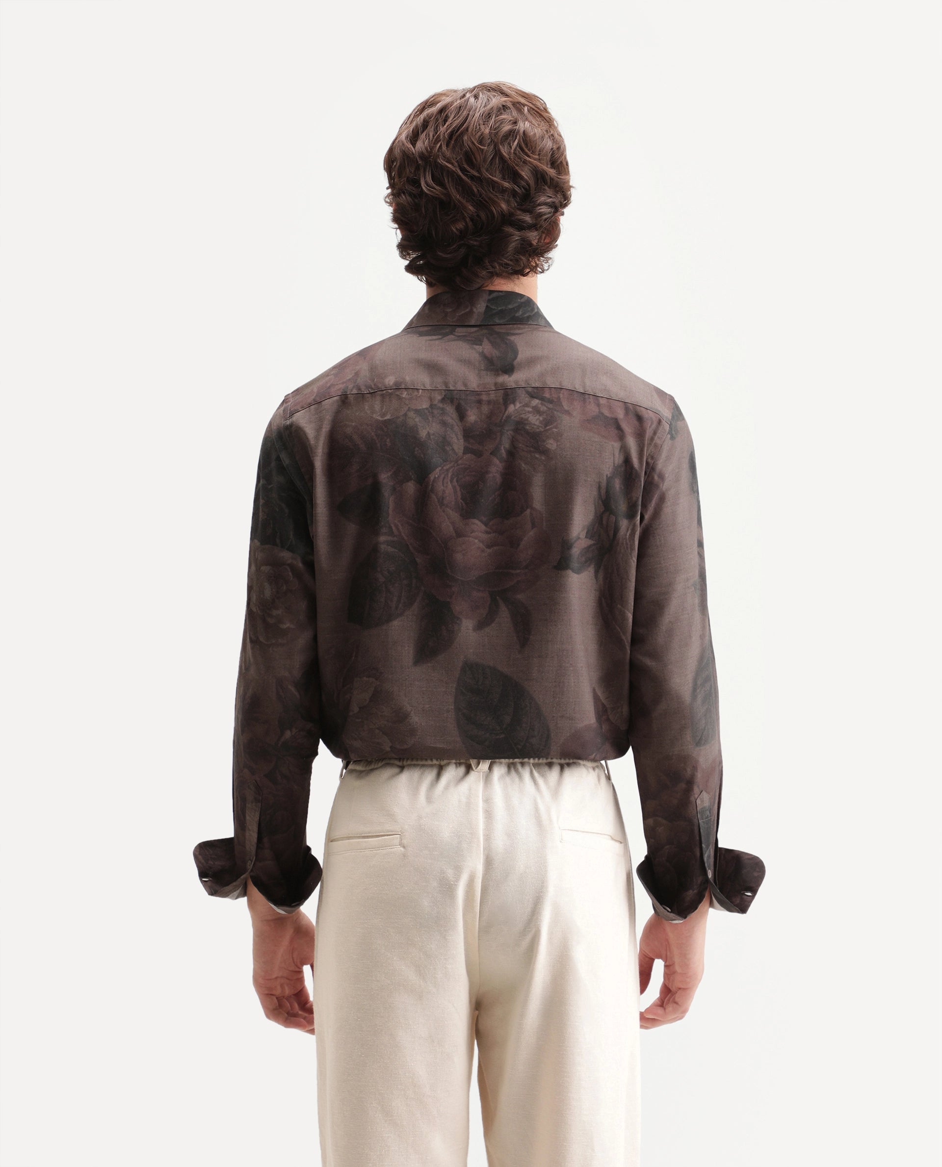 Rare Rabbit Men's Mace Light Brown Cotton Blend Spread Collar Regular Floral Print Shirt