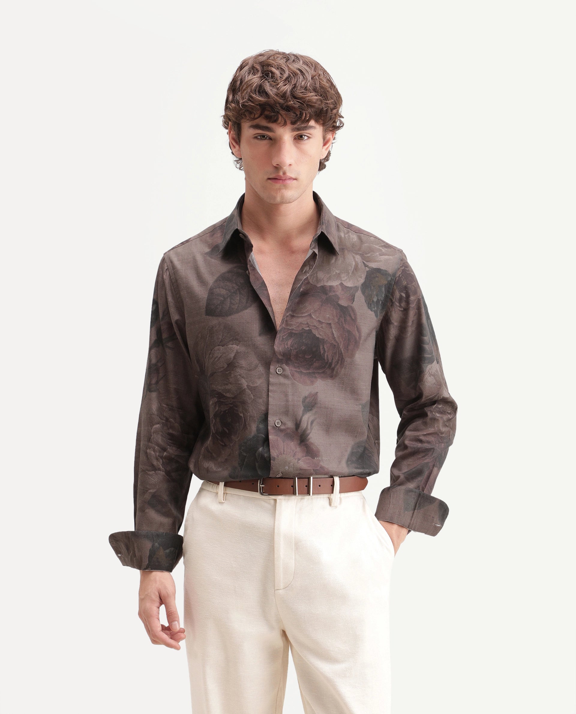 Rare Rabbit Men's Mace Light Brown Cotton Blend Spread Collar Regular Floral Print Shirt