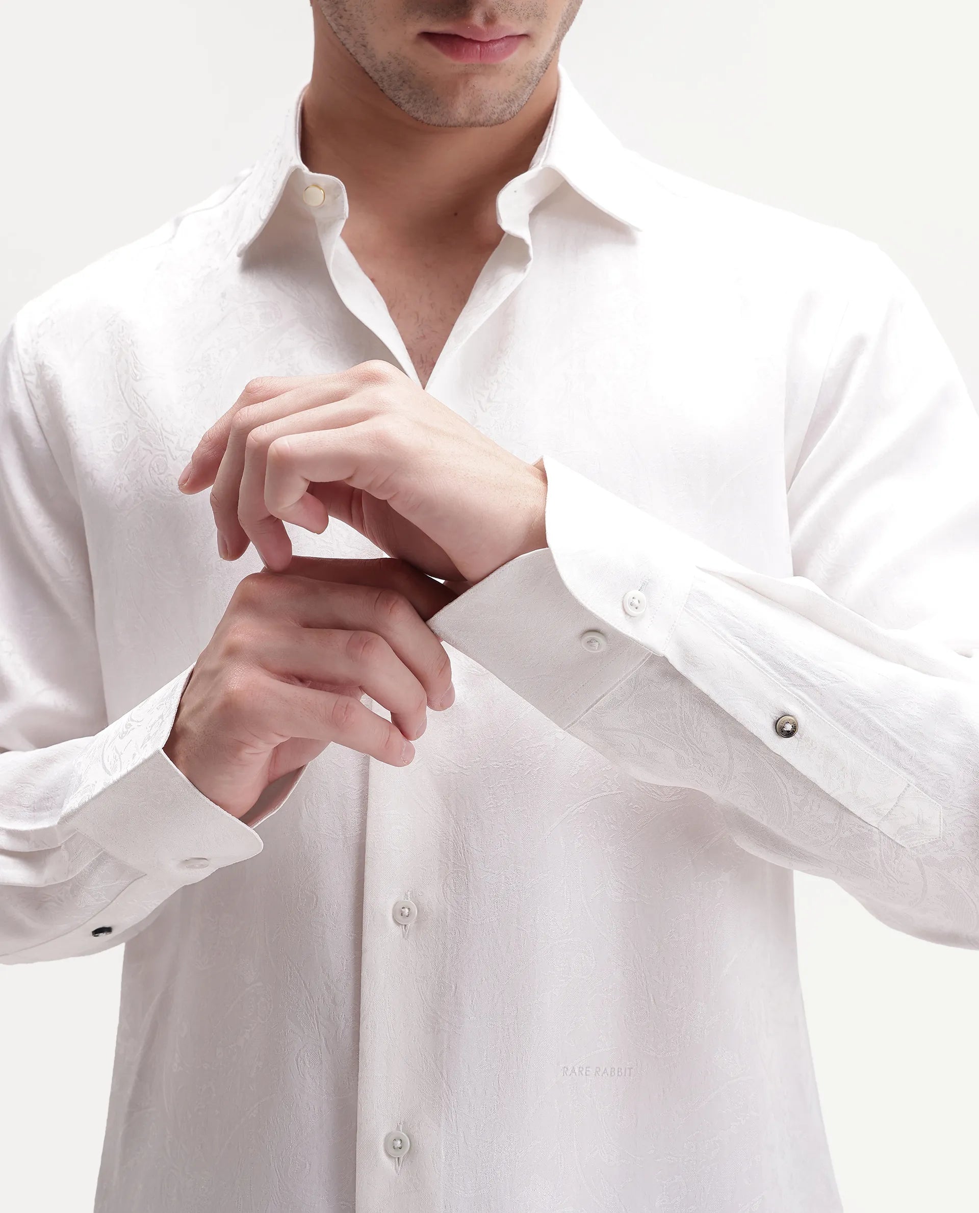Rare Rabbit Men's Silo White Polyester Blend Spread Collar Regular Jacquard Shirt