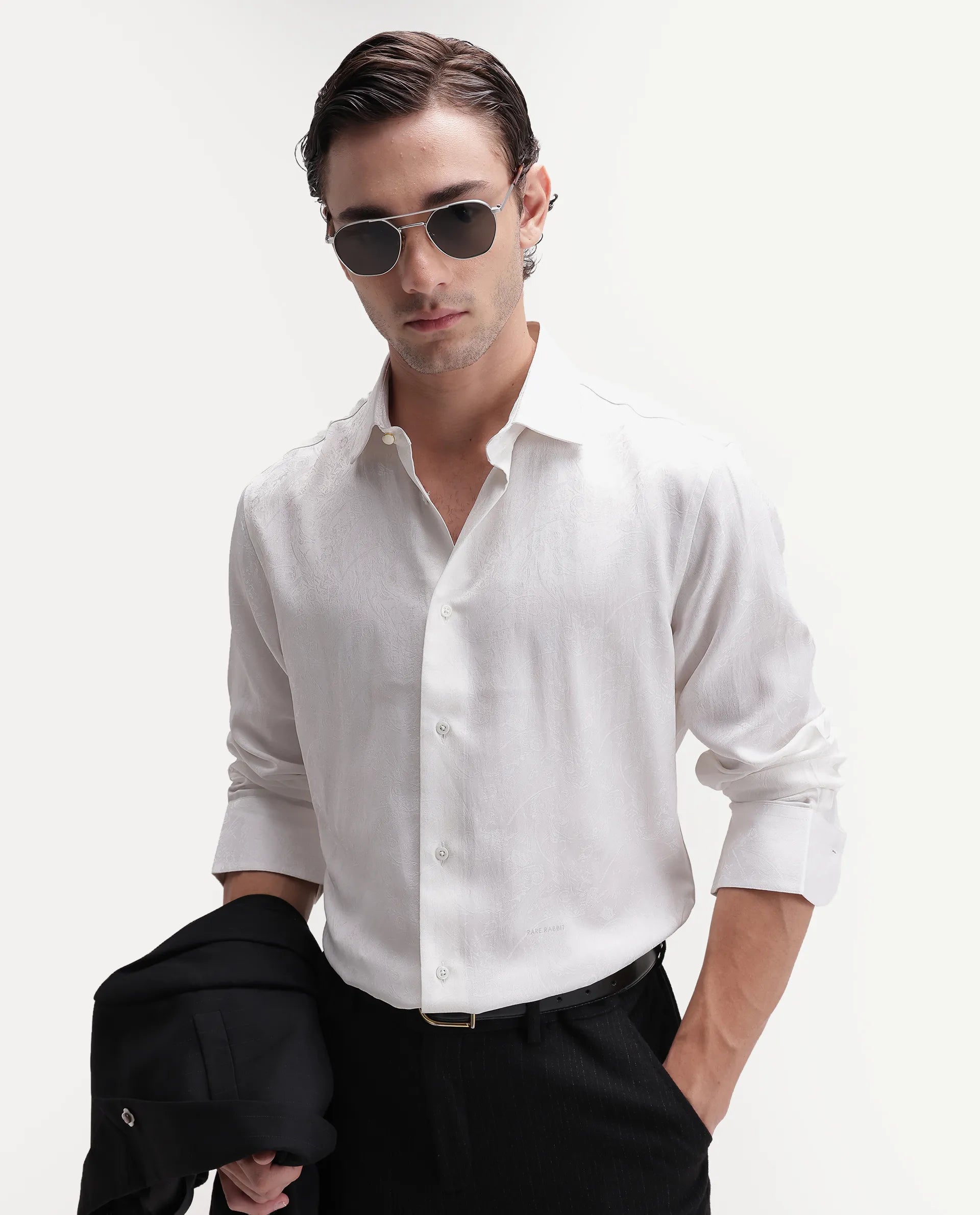 Rare Rabbit Men's Silo White Polyester Blend Spread Collar Regular Jacquard Shirt