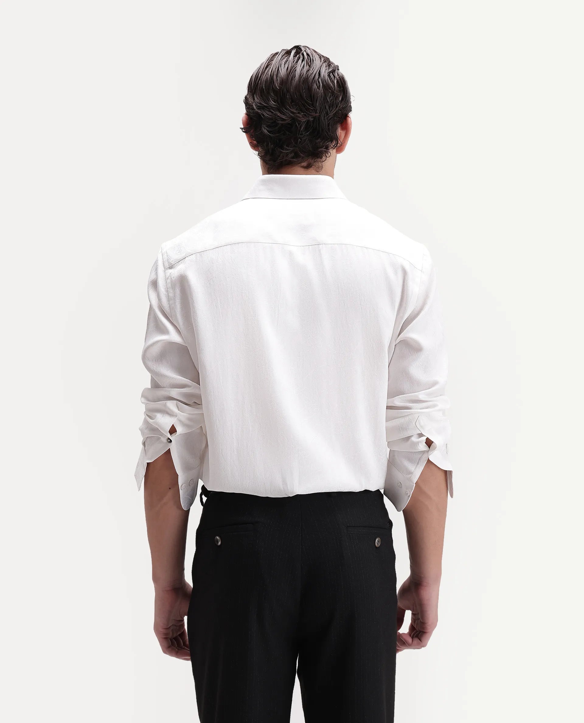 Rare Rabbit Men's Silo White Polyester Blend Spread Collar Regular Jacquard Shirt