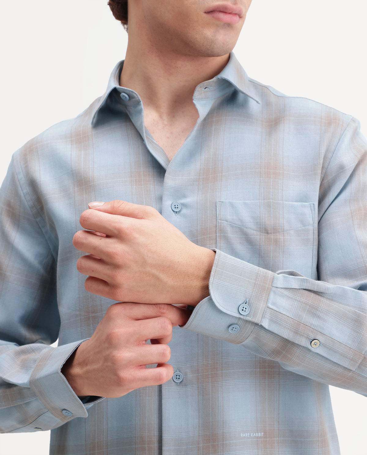 Rare Rabbit Men's Aer Dusky Blue Cotton Blend Spread Collar Regular Checked Shirt