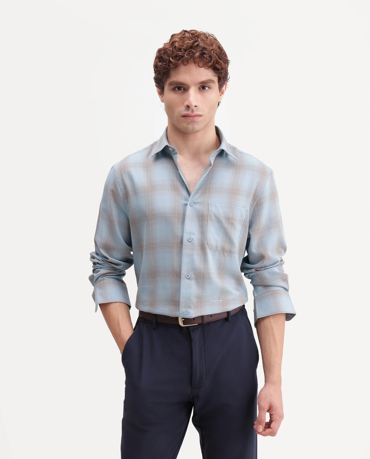 Rare Rabbit Men's Aer Dusky Blue Cotton Blend Spread Collar Regular Checked Shirt