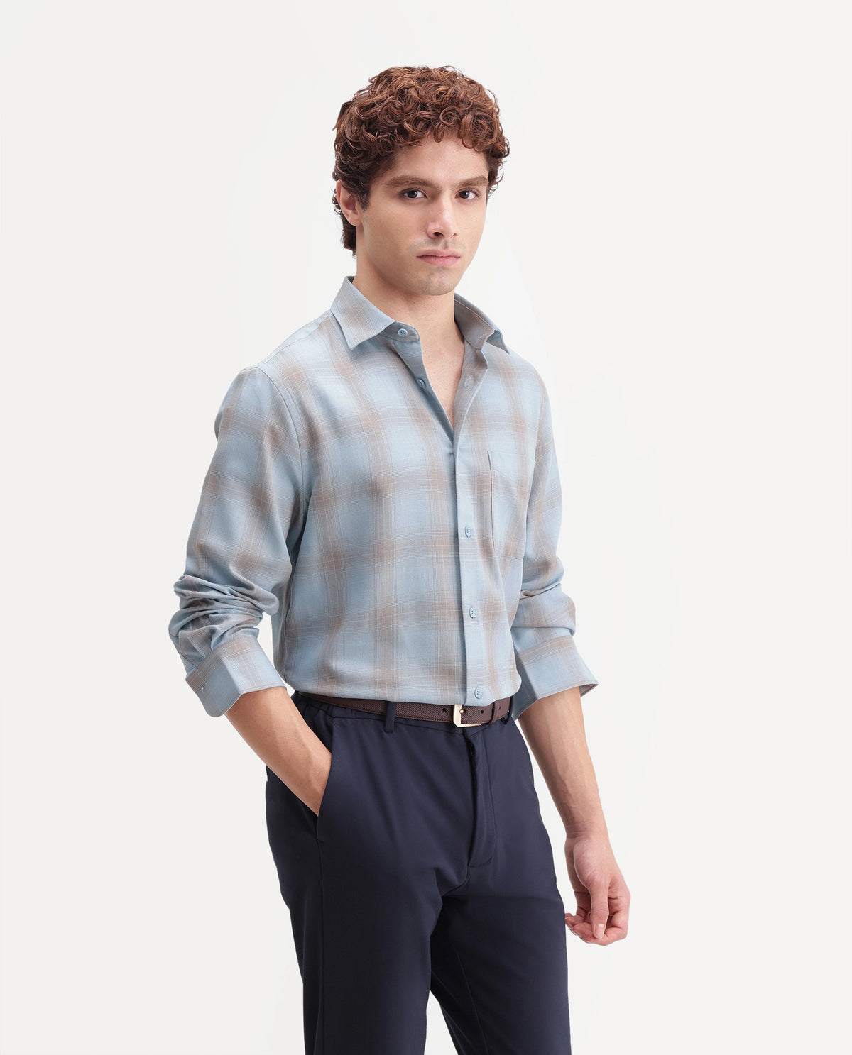 Rare Rabbit Men's Aer Dusky Blue Cotton Blend Spread Collar Regular Checked Shirt