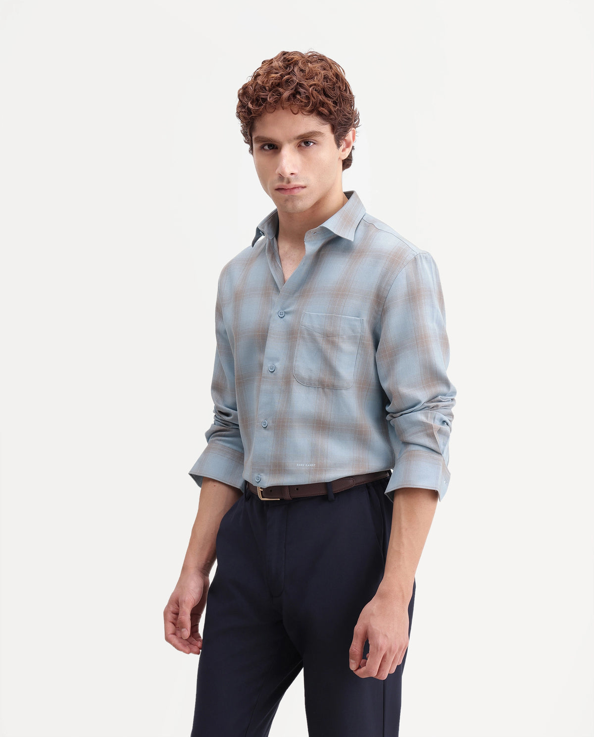 Rare Rabbit Men's Aer Dusky Blue Cotton Blend Spread Collar Regular Checked Shirt