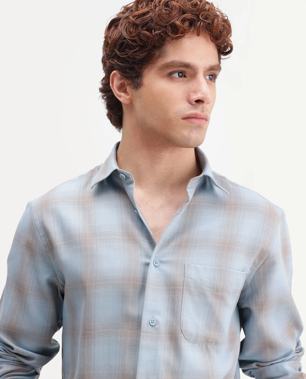 Rare Rabbit Men's Aer Dusky Blue Cotton Blend Spread Collar Regular Checked Shirt