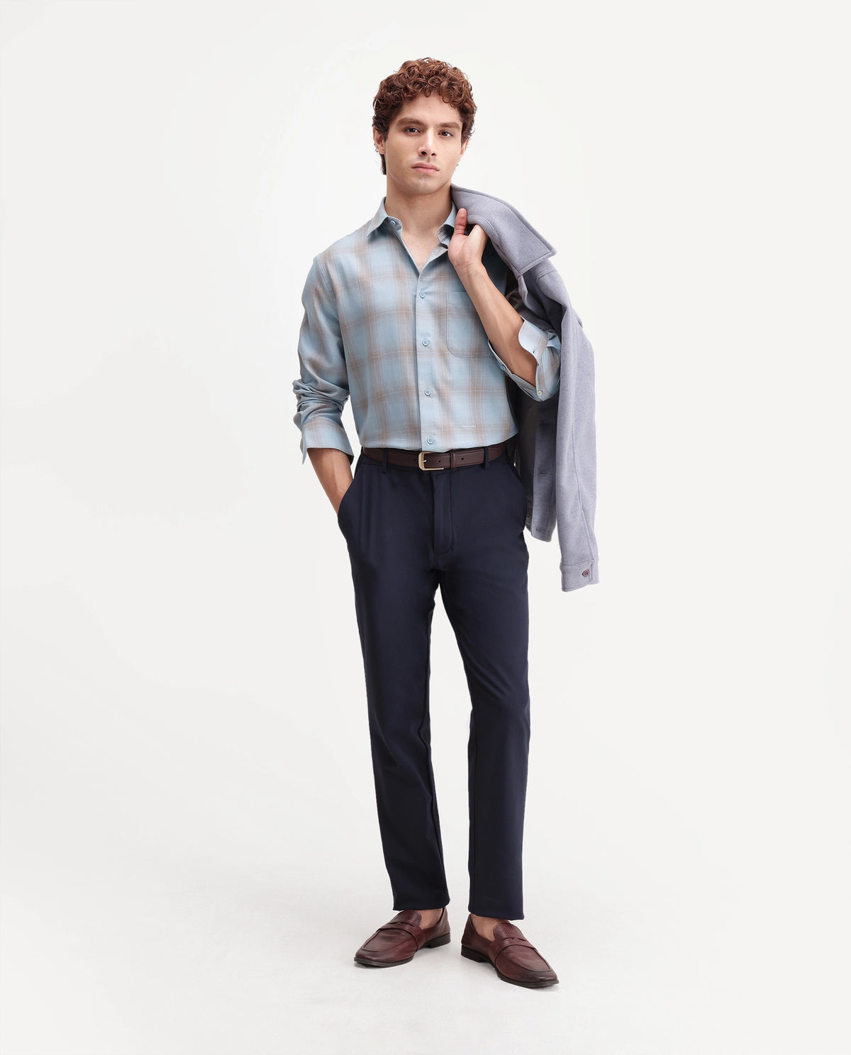 Rare Rabbit Men's Aer Dusky Blue Cotton Blend Spread Collar Regular Checked Shirt