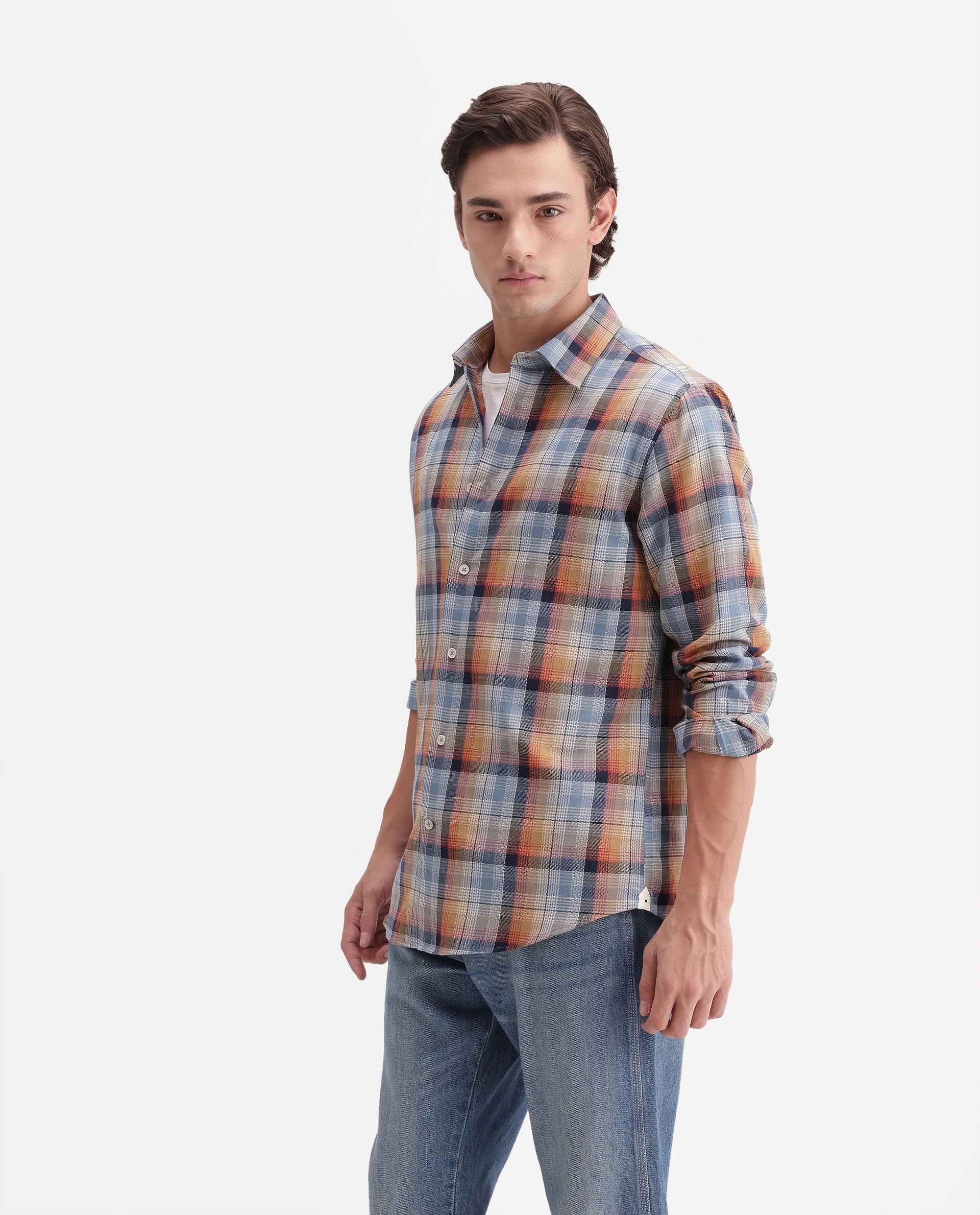 Rare Rabbit Men's Uvar Multi Cotton Spread Collar Regular Checked Shirt