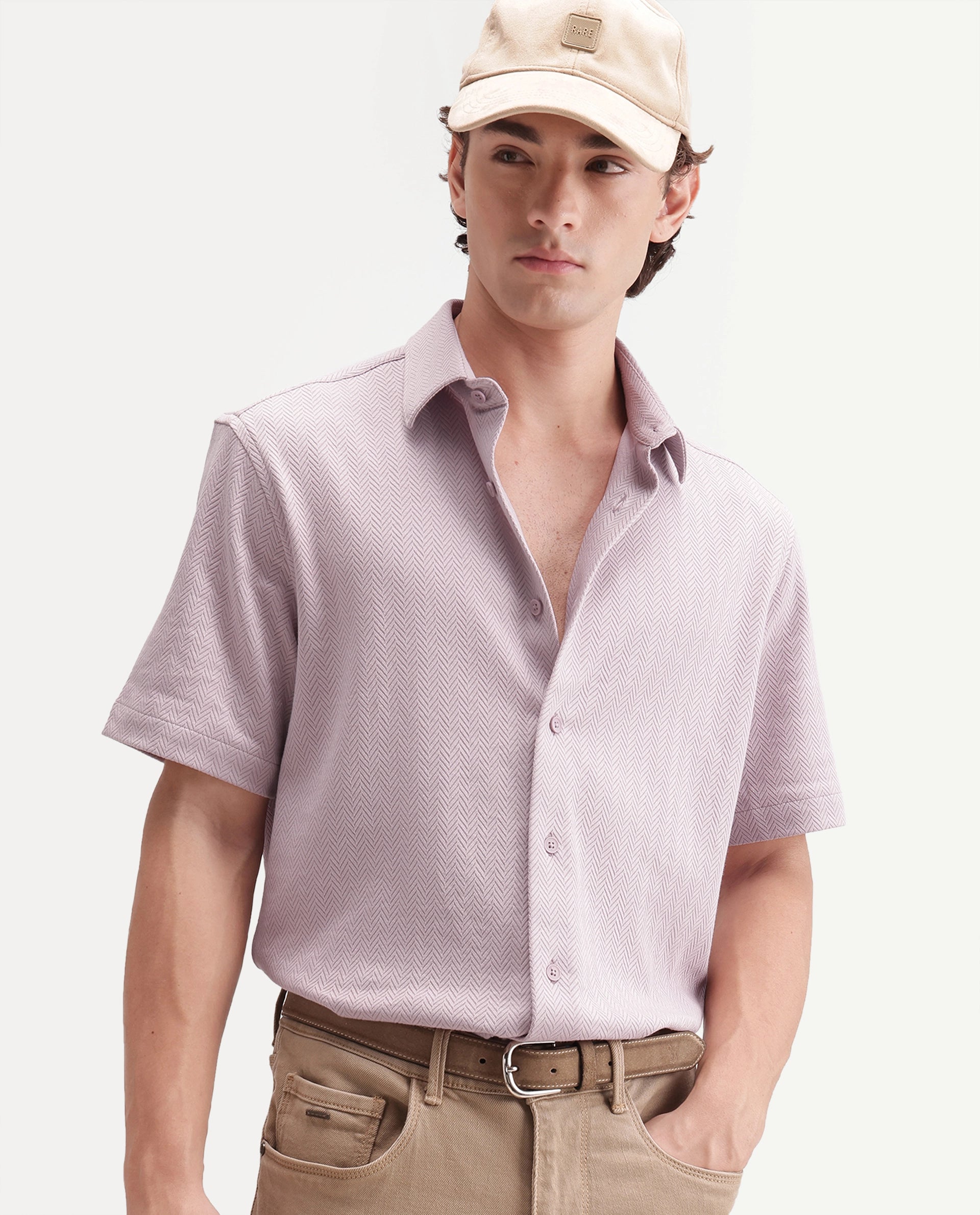 Rare Rabbit Men's Giov-S Light Pink Cotton Blend Spread Collar Regular Jacquard Shirt