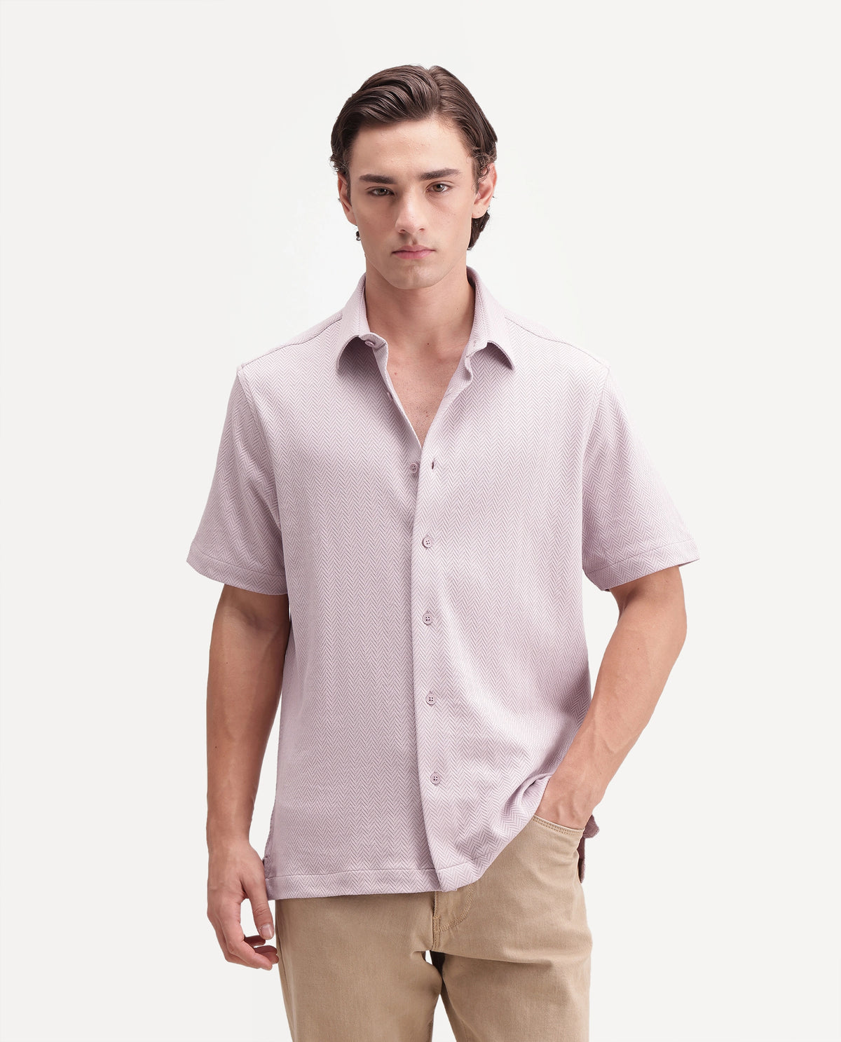 Rare Rabbit Men's Giov-S Light Pink Cotton Blend Spread Collar Regular Jacquard Shirt