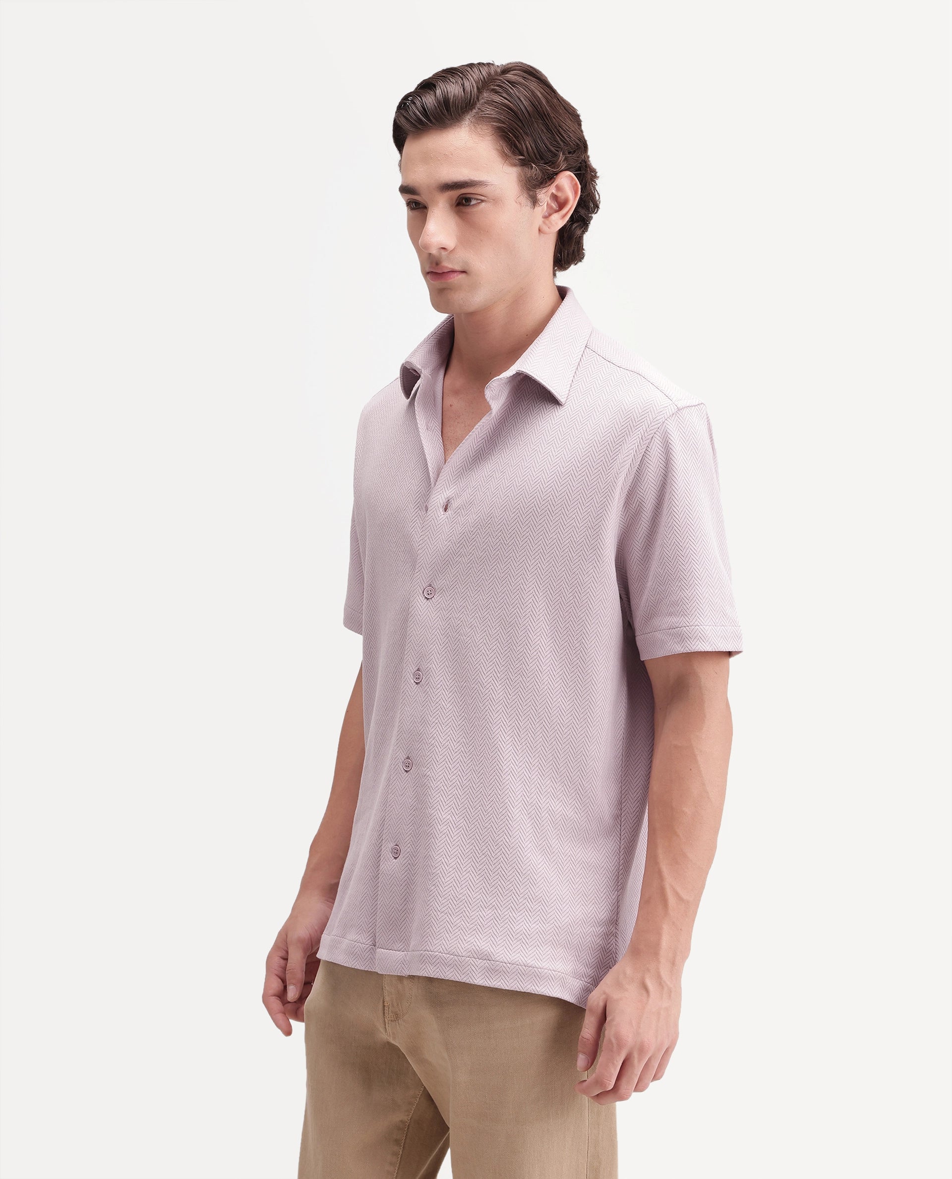 Rare Rabbit Men's Giov-S Light Pink Cotton Blend Spread Collar Regular Jacquard Shirt