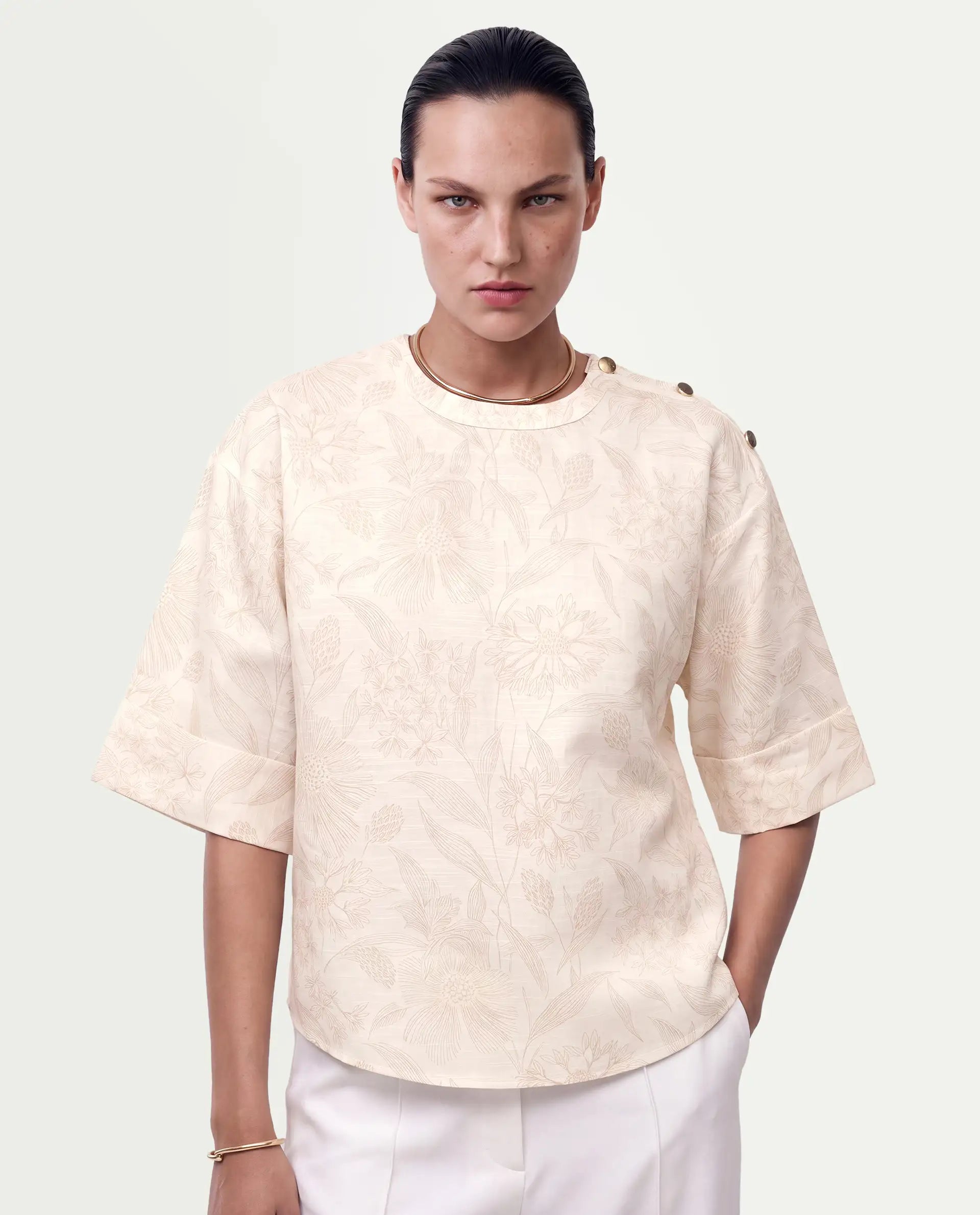 Rareism Women's Ozaro Beige Linen Blend Crew Neck Relaxed Floral Print Top