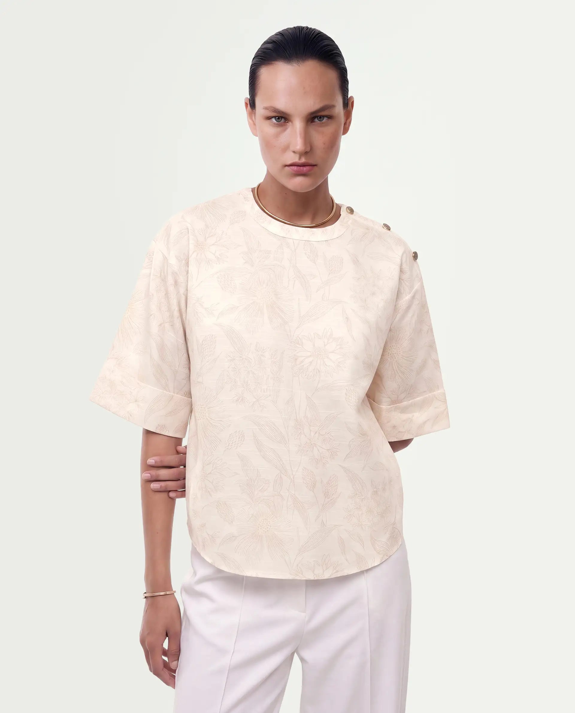 Rareism Women's Ozaro Beige Linen Blend Crew Neck Relaxed Floral Print Top
