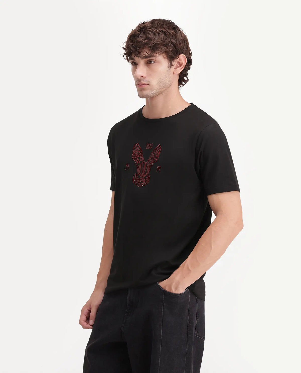 Rare Rabbit Men's Aeth Black Cotton Blend Crew Neck Regular Graphic Print T-Shirt
