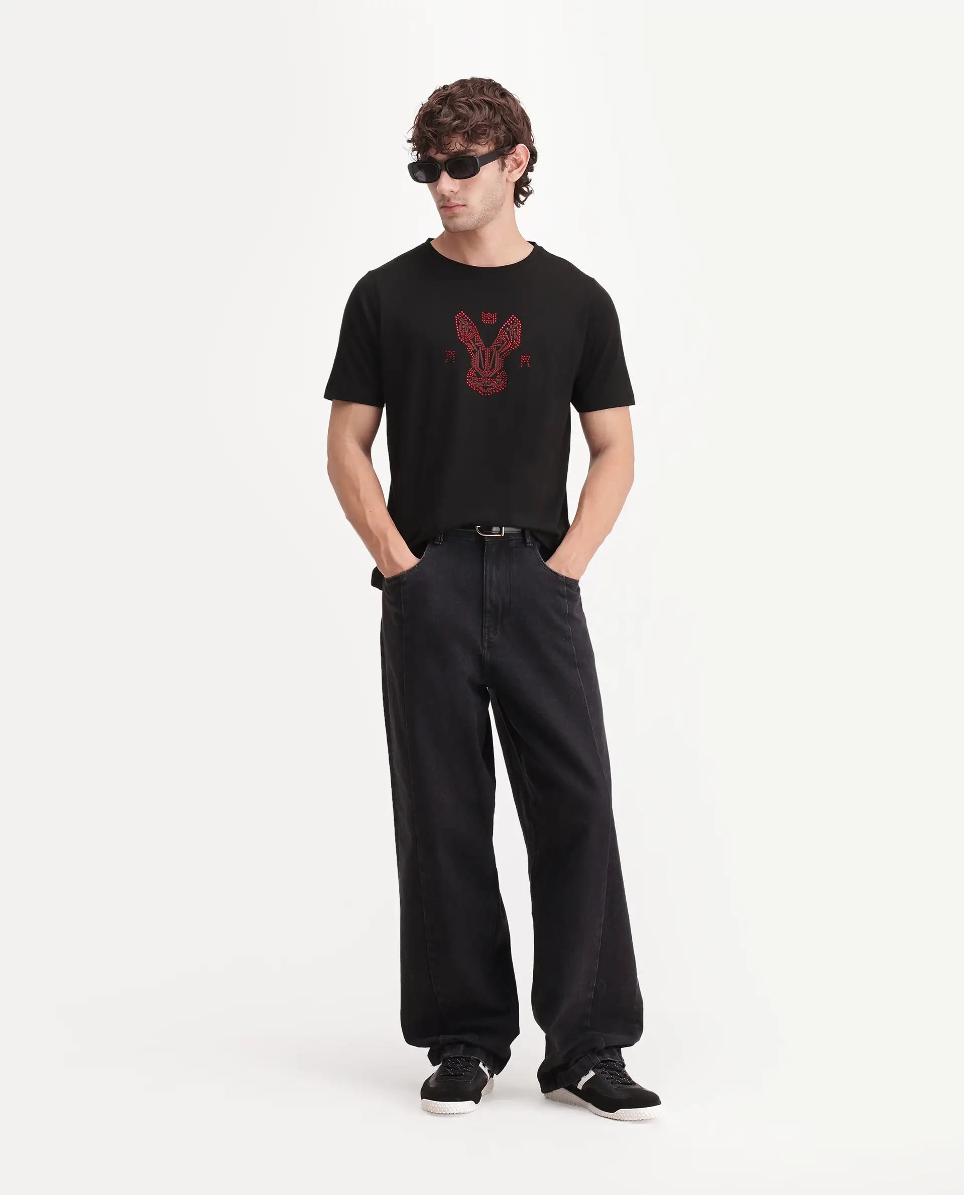 Rare Rabbit Men's Aeth Black Cotton Blend Crew Neck Regular Graphic Print T-Shirt