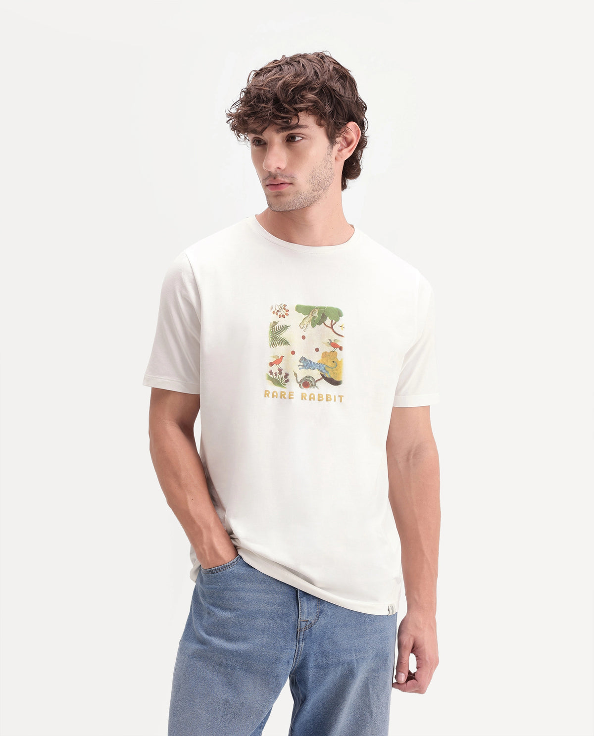 Rare Rabbit Men's Airo Off White Cotton Blend Crew Neck Regular Graphic Print T-Shirt