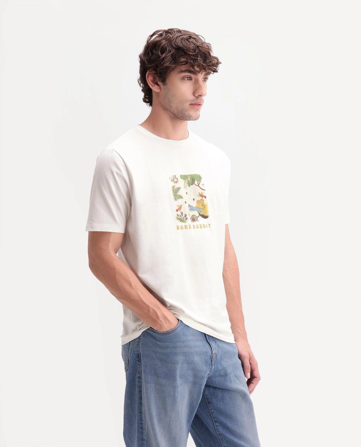 Rare Rabbit Men's Airo Off White Cotton Blend Crew Neck Regular Graphic Print T-Shirt
