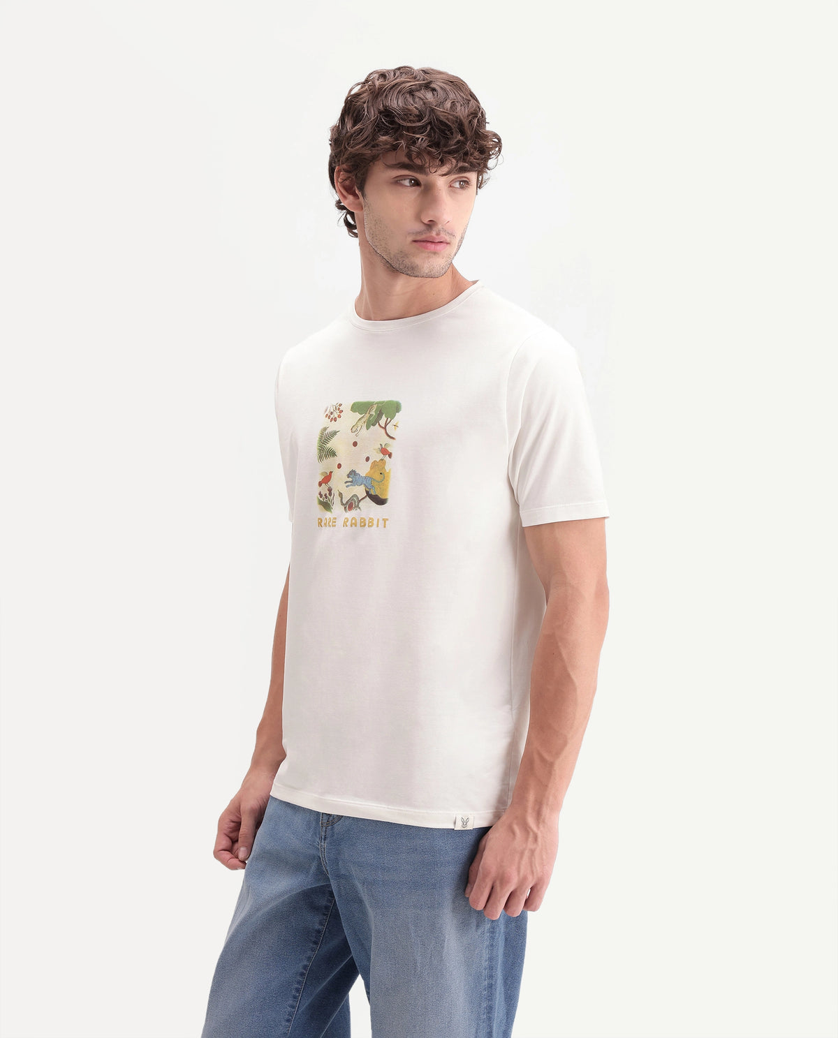 Rare Rabbit Men's Airo Off White Cotton Blend Crew Neck Regular Graphic Print T-Shirt
