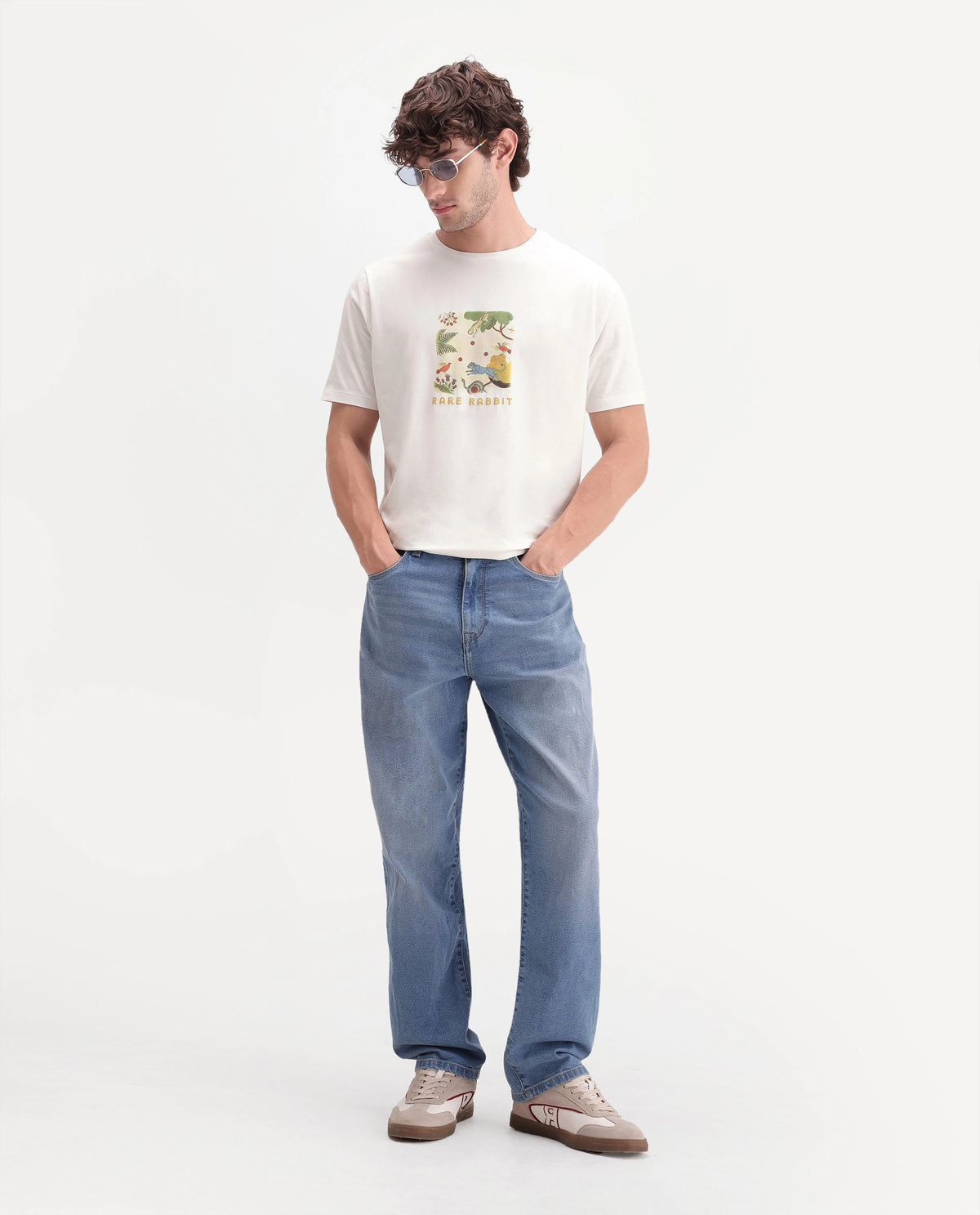 Rare Rabbit Men's Airo Off White Cotton Blend Crew Neck Regular Graphic Print T-Shirt