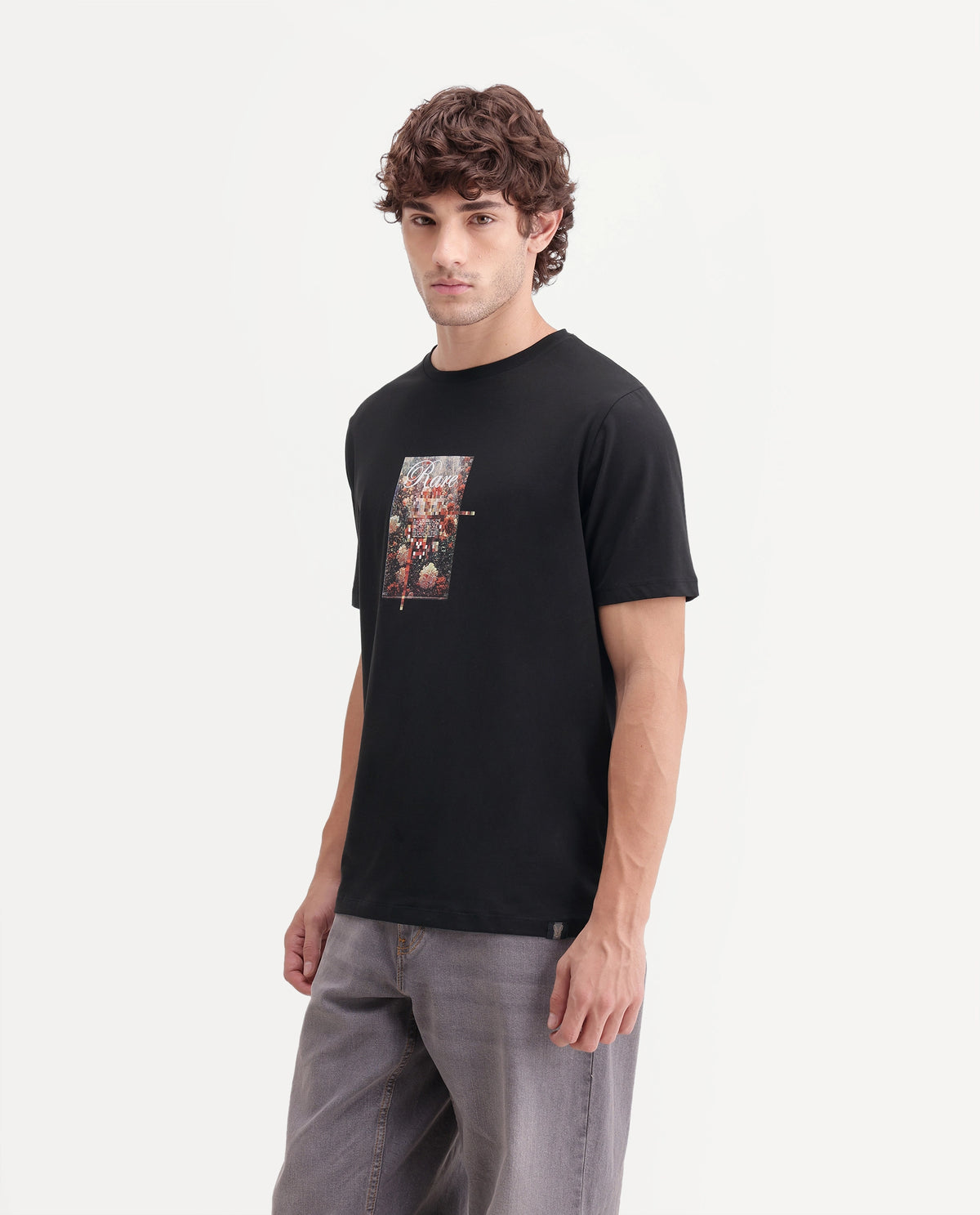 Rare Rabbit Men's Blanc Black Cotton Blend Crew Neck Regular Graphic Print T-Shirt