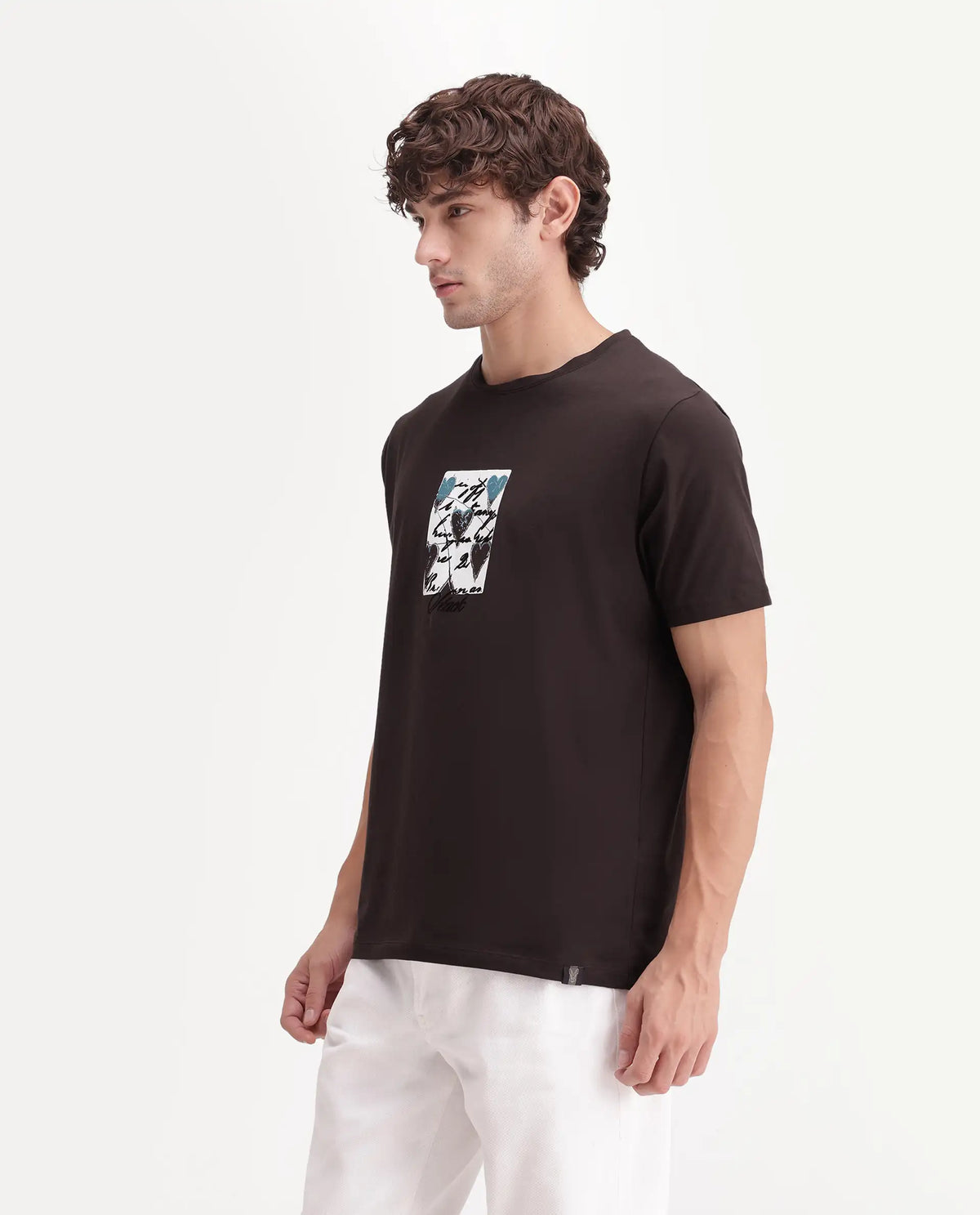 Rare Rabbit Men's Caze Dark Brown Cotton Blend Crew Neck Regular Graphic Print T-Shirt