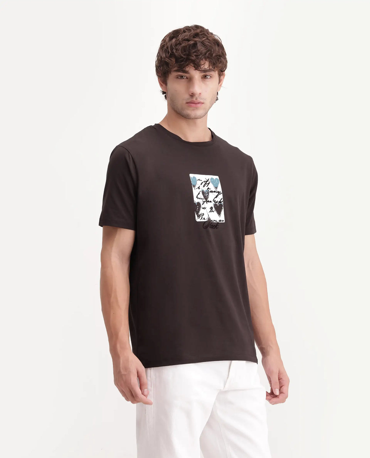 Rare Rabbit Men's Caze Dark Brown Cotton Blend Crew Neck Regular Graphic Print T-Shirt