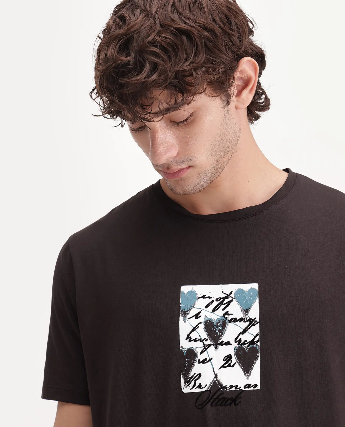 Rare Rabbit Men's Caze Dark Brown Cotton Blend Crew Neck Regular Graphic Print T-Shirt