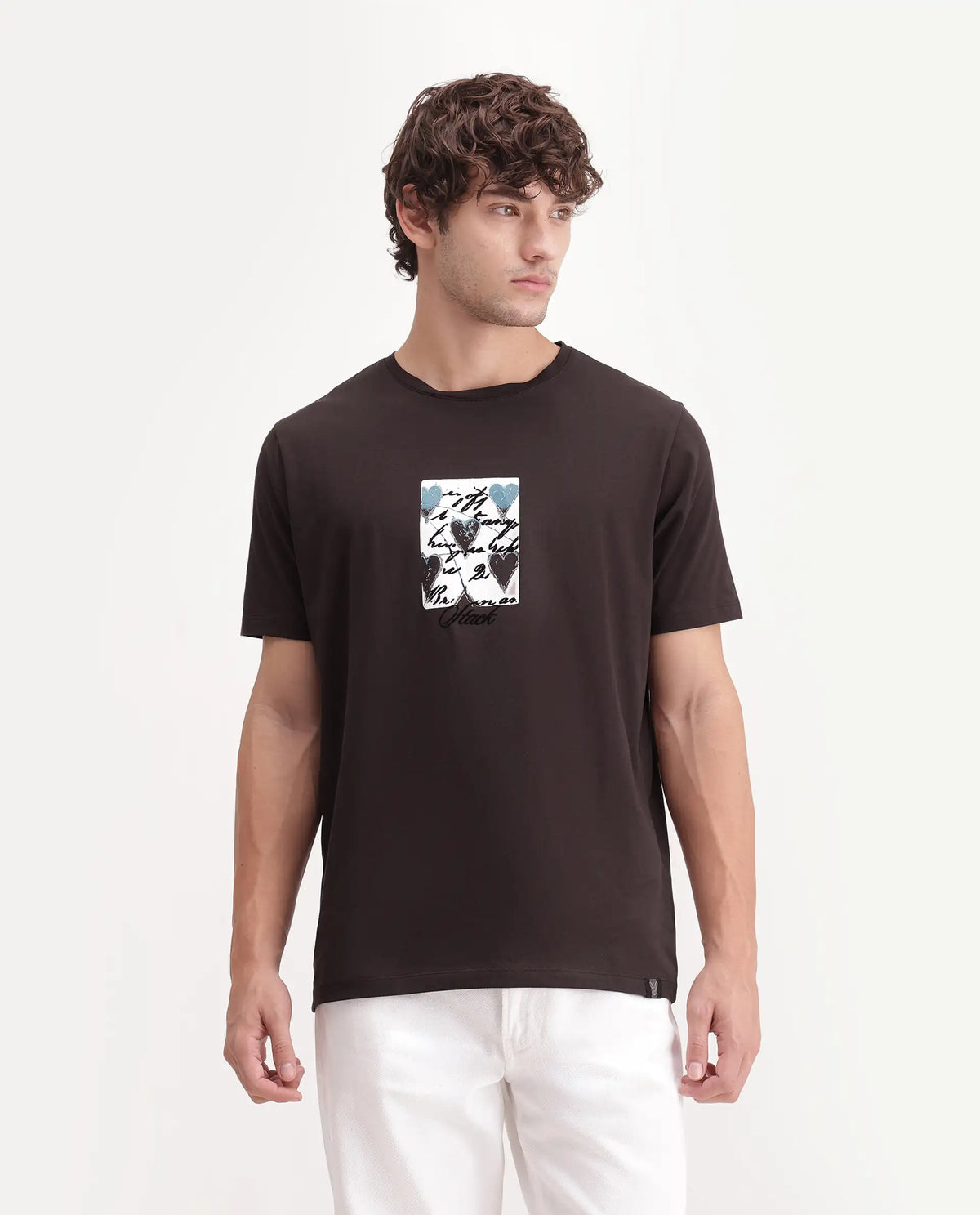 Rare Rabbit Men's Caze Dark Brown Cotton Blend Crew Neck Regular Graphic Print T-Shirt