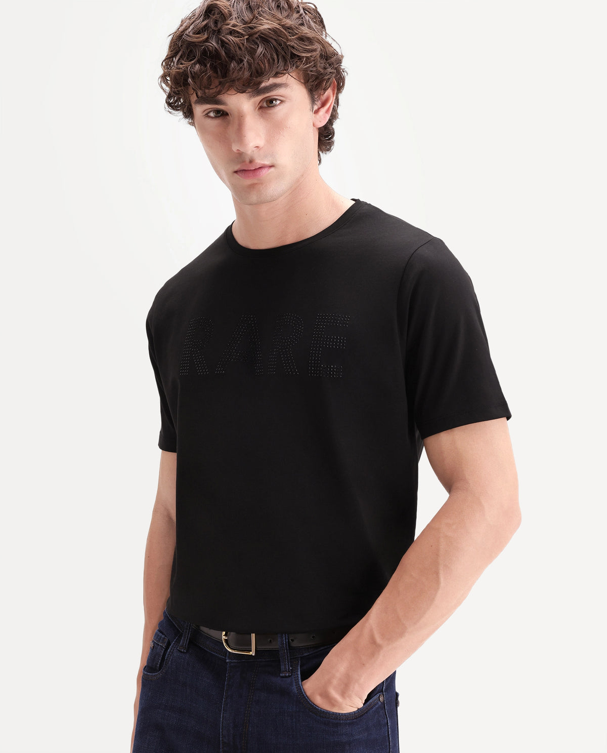 Rare Rabbit Men's Chaze Black Cotton Blend Crew Neck Regular Graphic Print T-Shirt