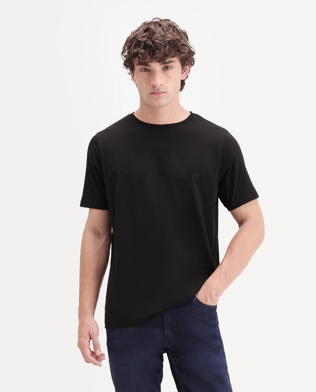Rare Rabbit Men's Chaze Black Cotton Blend Crew Neck Regular Graphic Print T-Shirt