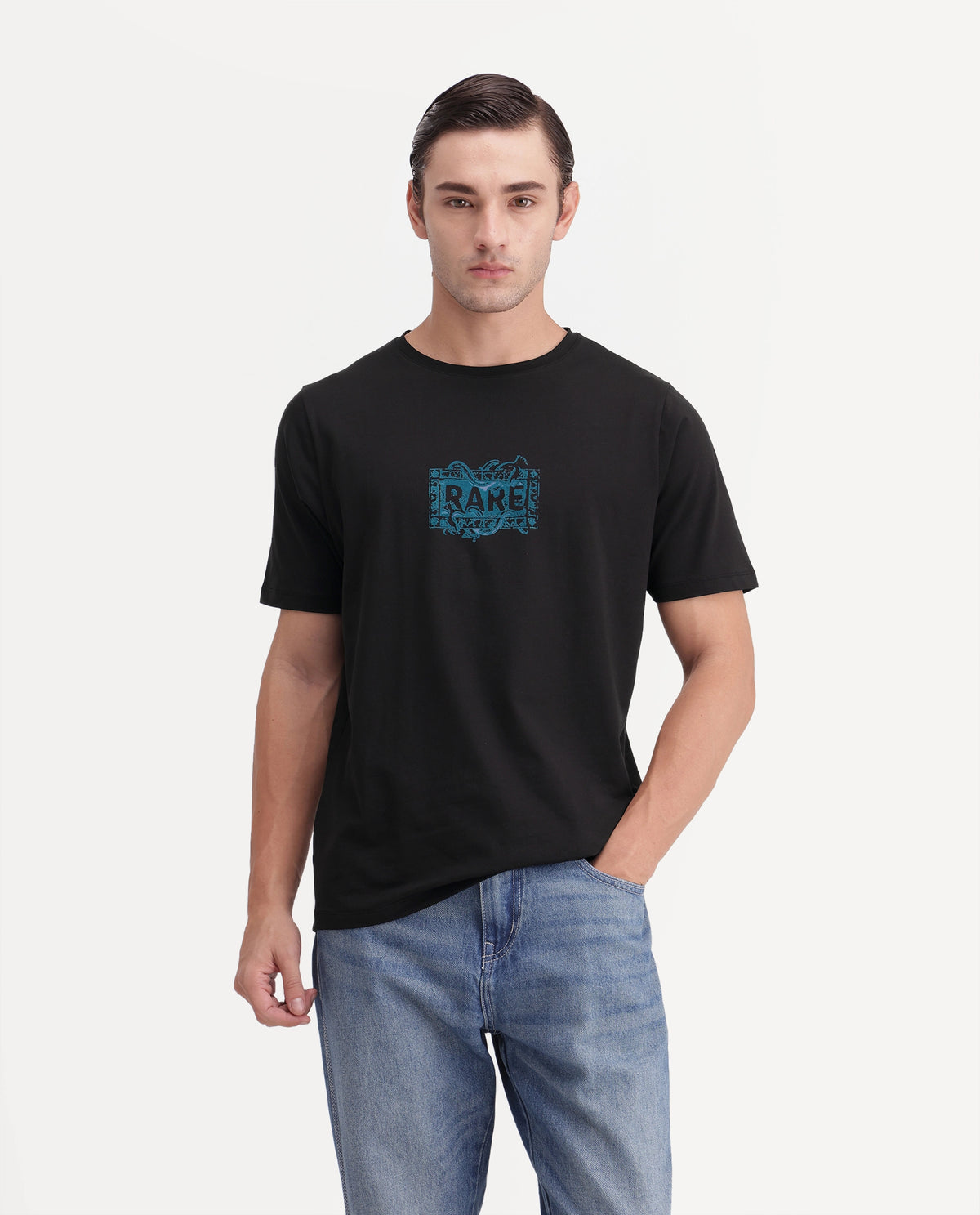 Rare Rabbit Men's Delos Black Cotton Blend Crew Neck Regular Graphic Print T-Shirt