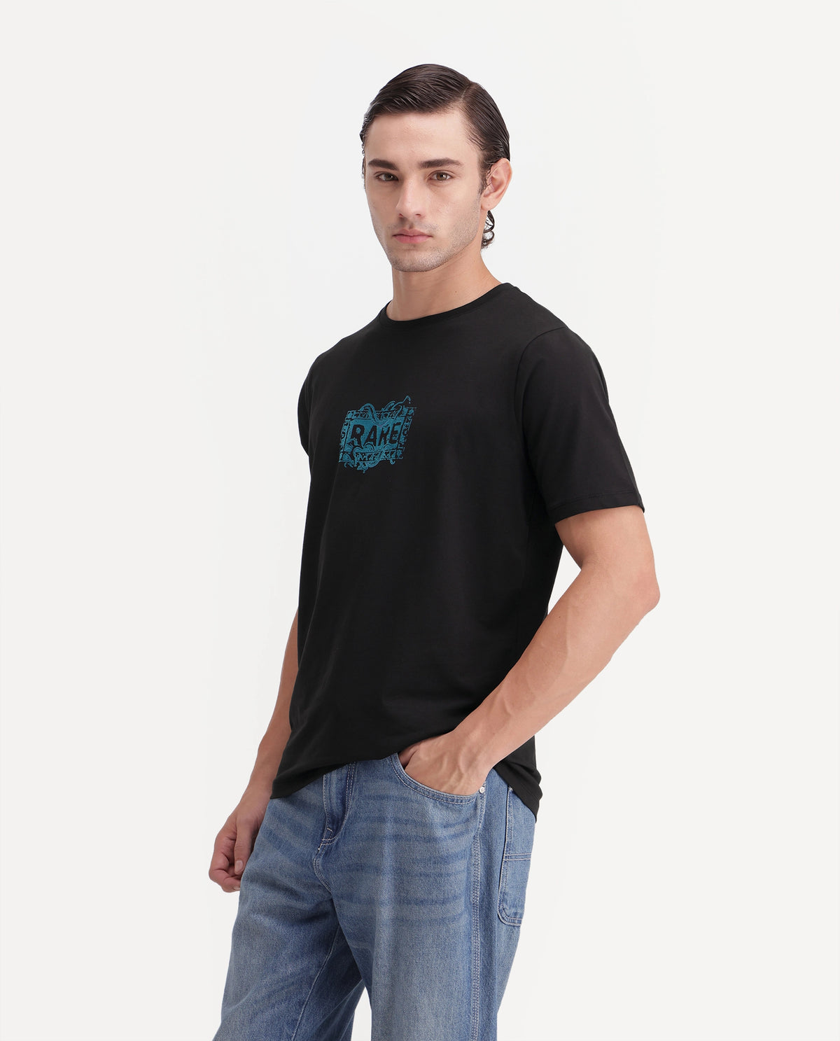 Rare Rabbit Men's Delos Black Cotton Blend Crew Neck Regular Graphic Print T-Shirt