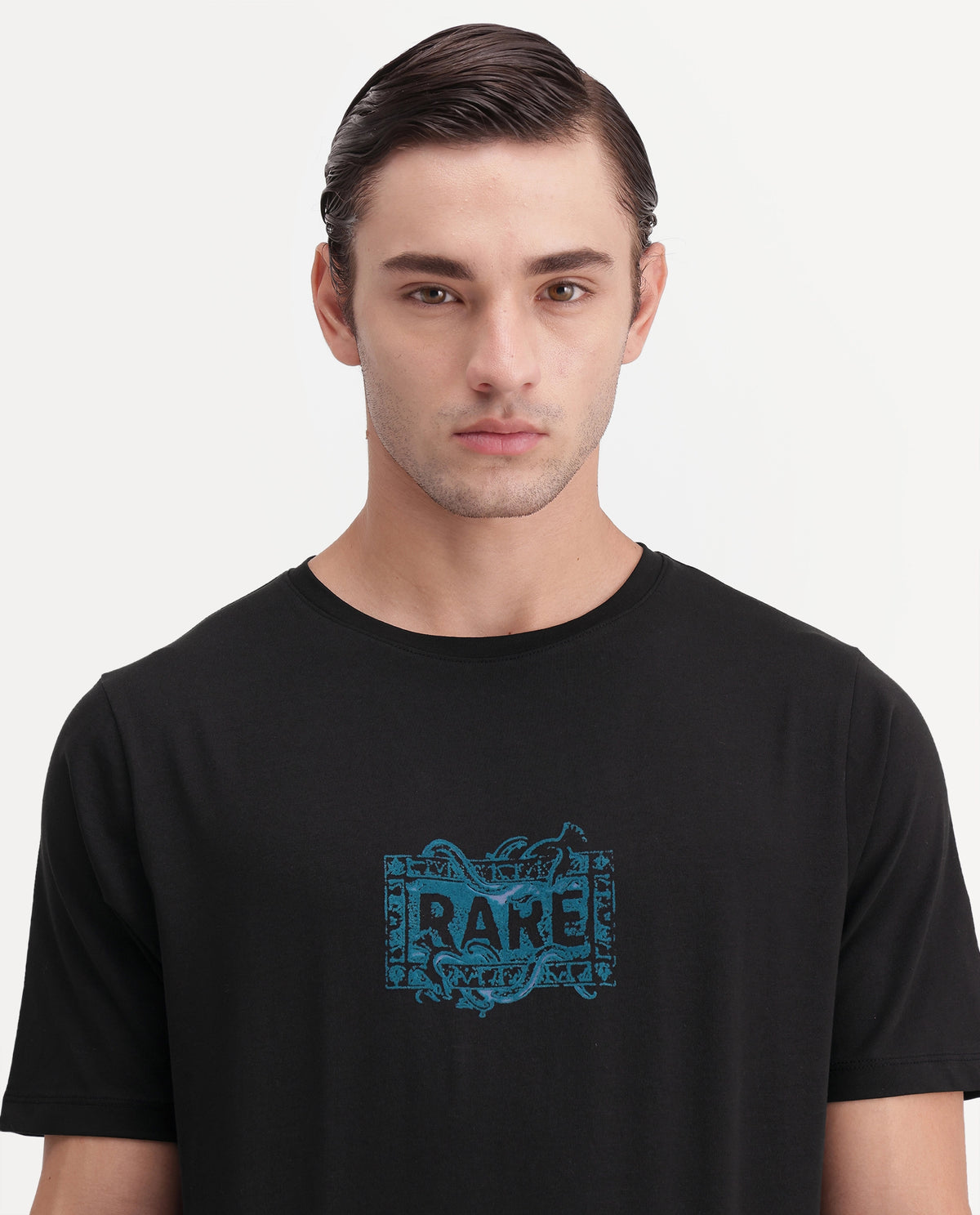 Rare Rabbit Men's Delos Black Cotton Blend Crew Neck Regular Graphic Print T-Shirt