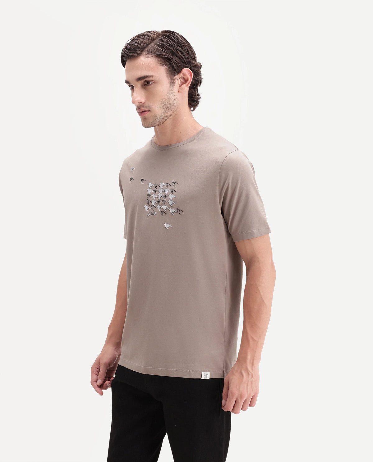 Rare Rabbit Men's Fleet Beige Cotton Blend Crew Neck Regular Graphic Print T-Shirt