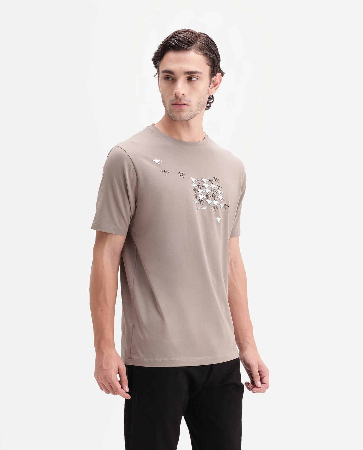 Rare Rabbit Men's Fleet Beige Cotton Blend Crew Neck Regular Graphic Print T-Shirt