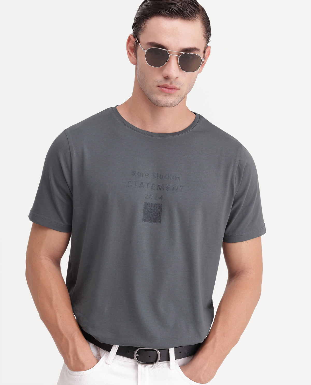 Rare Rabbit Men's Holm Dark Grey Cotton Blend Crew Neck Regular Graphic Print T-Shirt