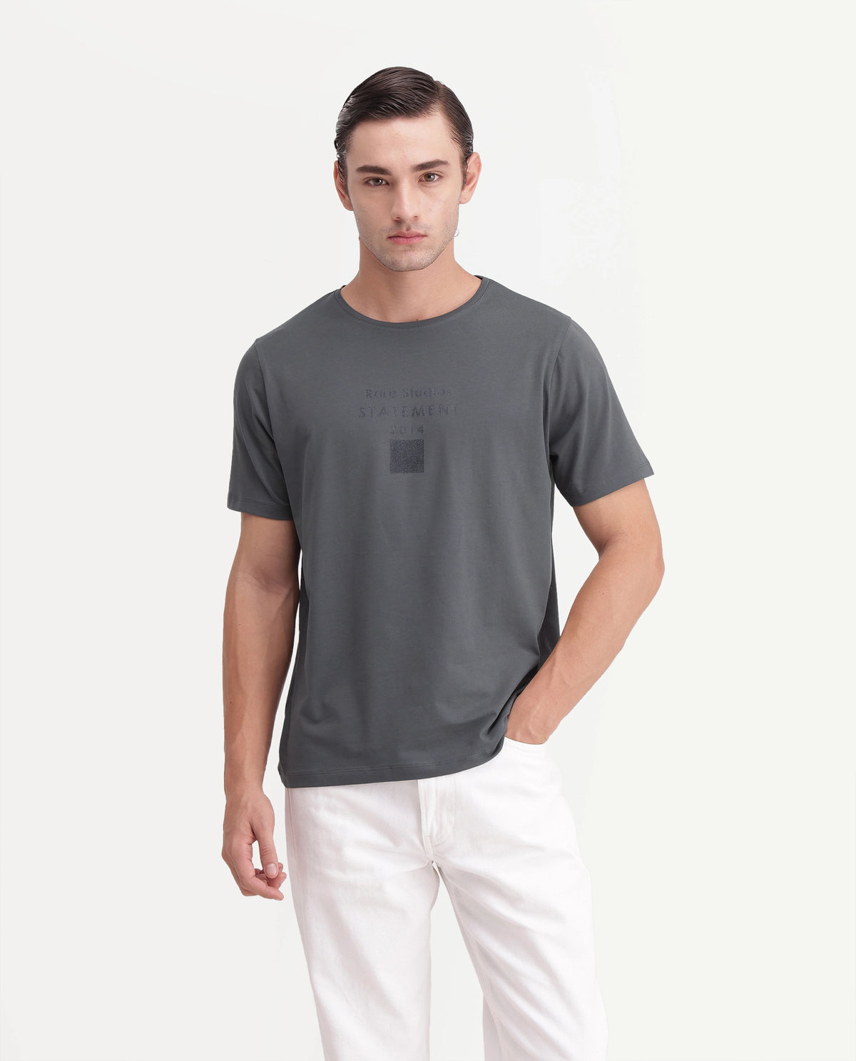 Rare Rabbit Men's Holm Dark Grey Cotton Blend Crew Neck Regular Graphic Print T-Shirt