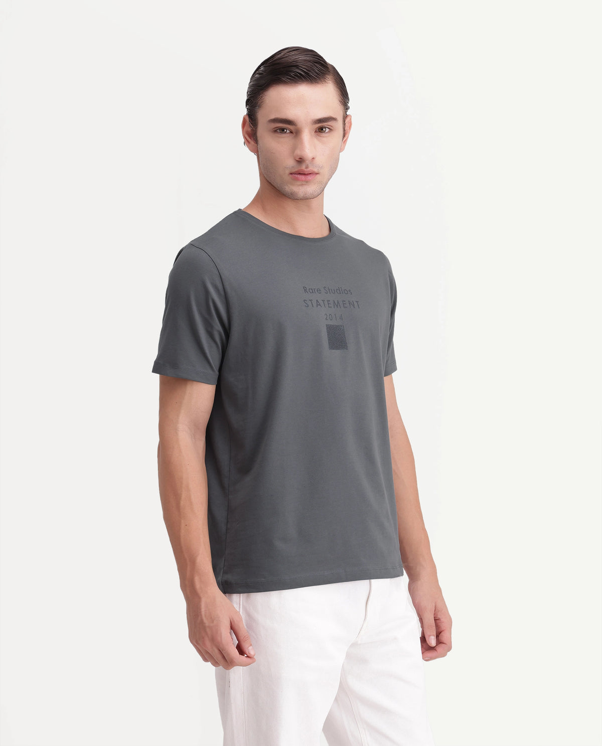 Rare Rabbit Men's Holm Dark Grey Cotton Blend Crew Neck Regular Graphic Print T-Shirt