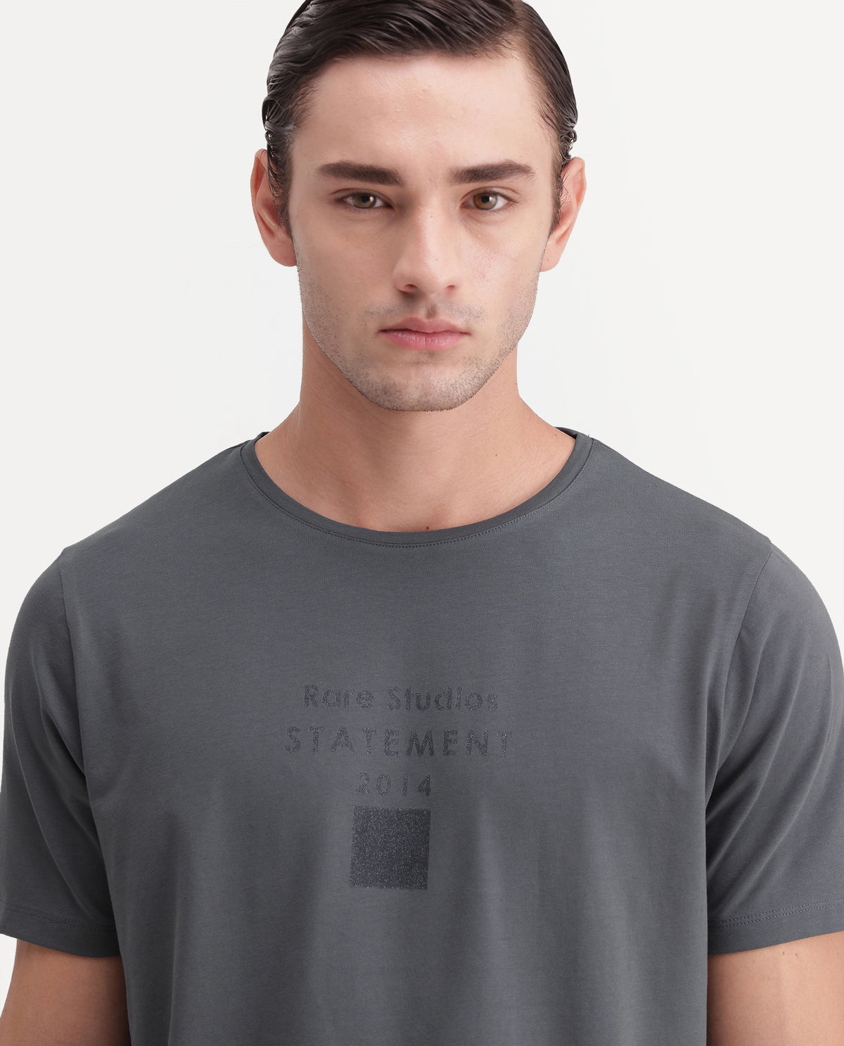 Rare Rabbit Men's Holm Dark Grey Cotton Blend Crew Neck Regular Graphic Print T-Shirt