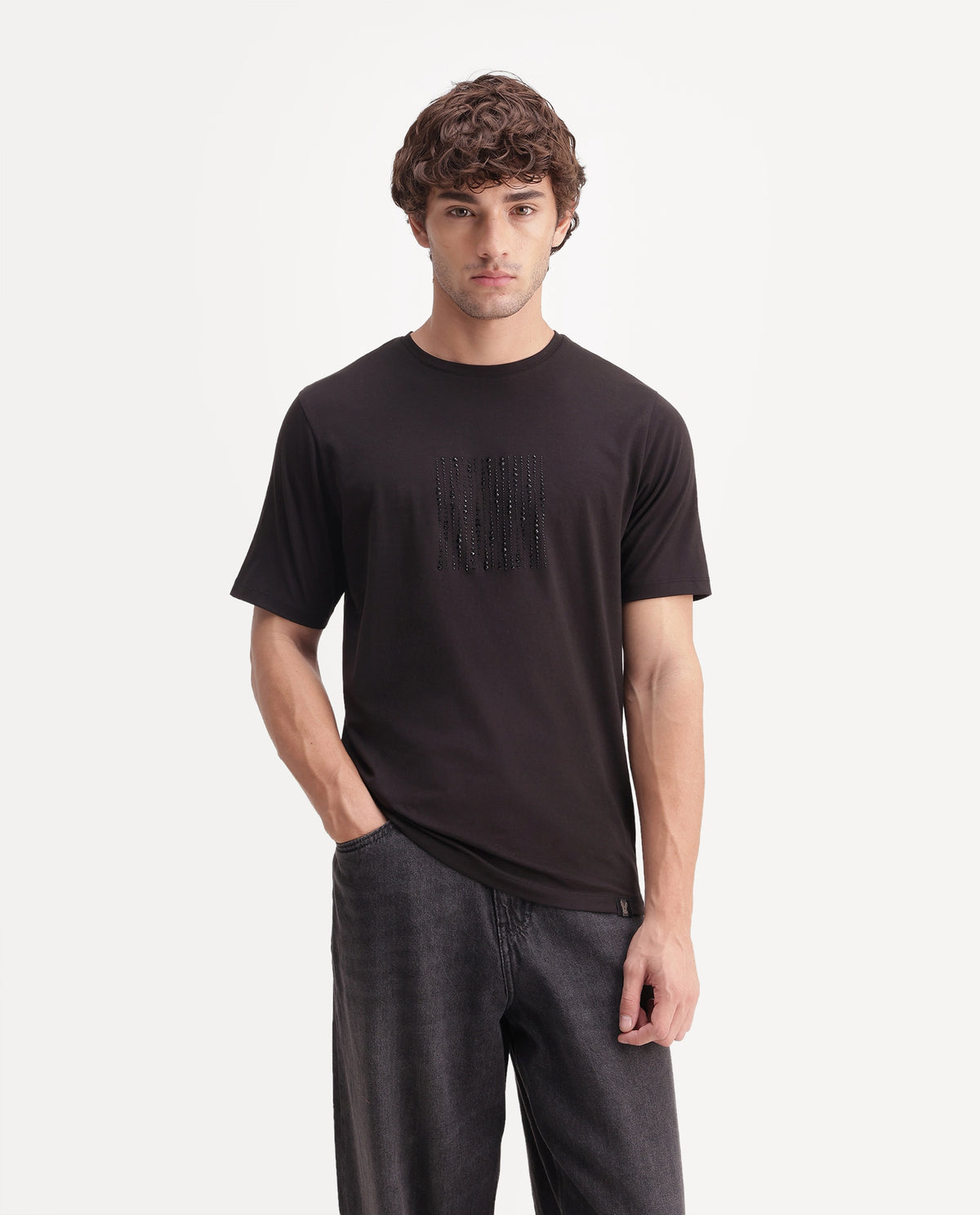 Rare Rabbit Men's Quel Black Cotton Blend Crew Neck Regular Graphic Print T-Shirt