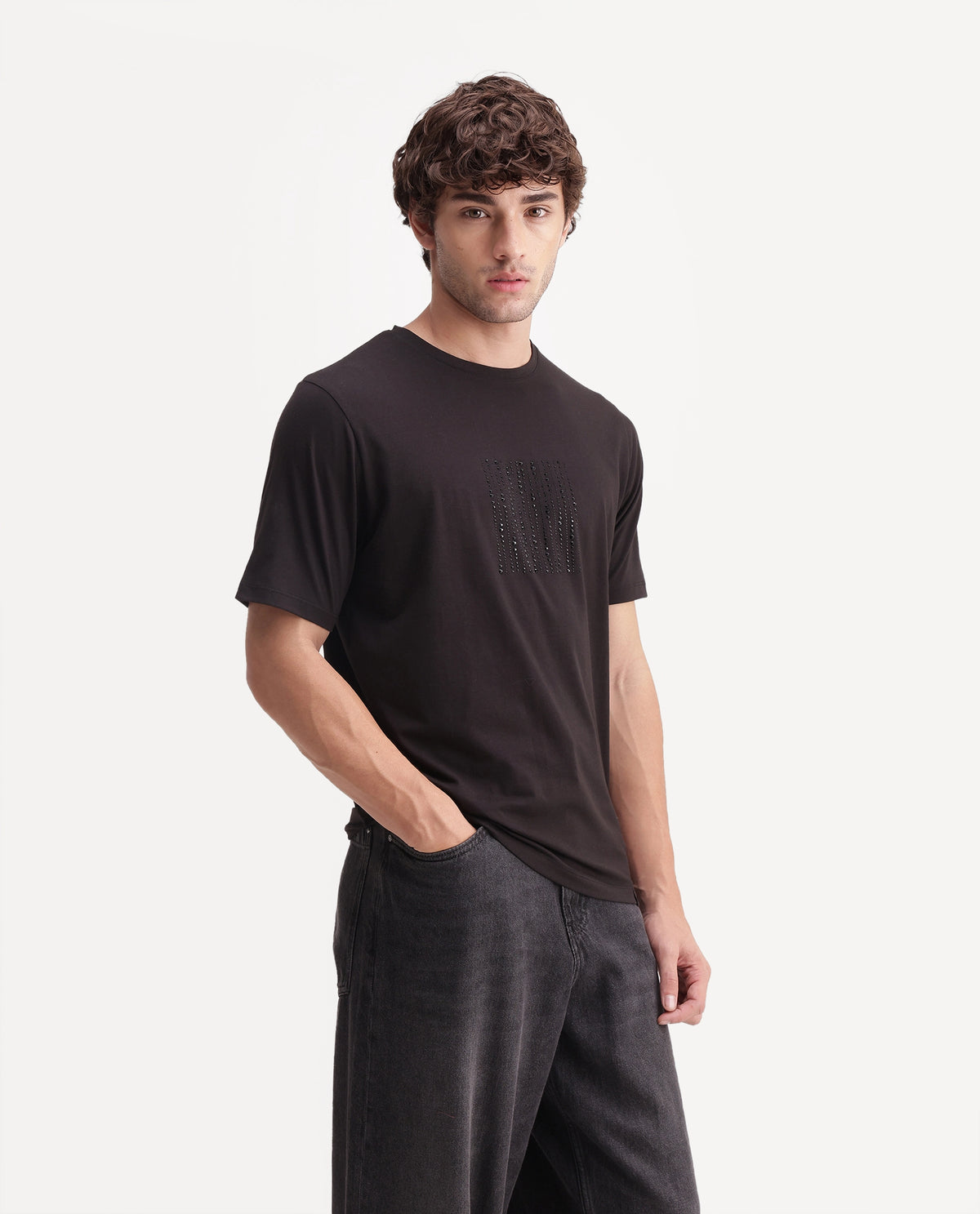 Rare Rabbit Men's Quel Black Cotton Blend Crew Neck Regular Graphic Print T-Shirt