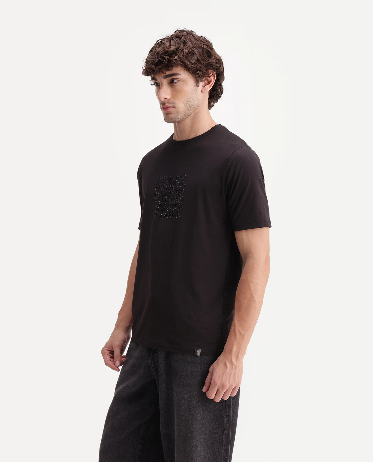 Rare Rabbit Men's Quel Black Cotton Blend Crew Neck Regular Graphic Print T-Shirt