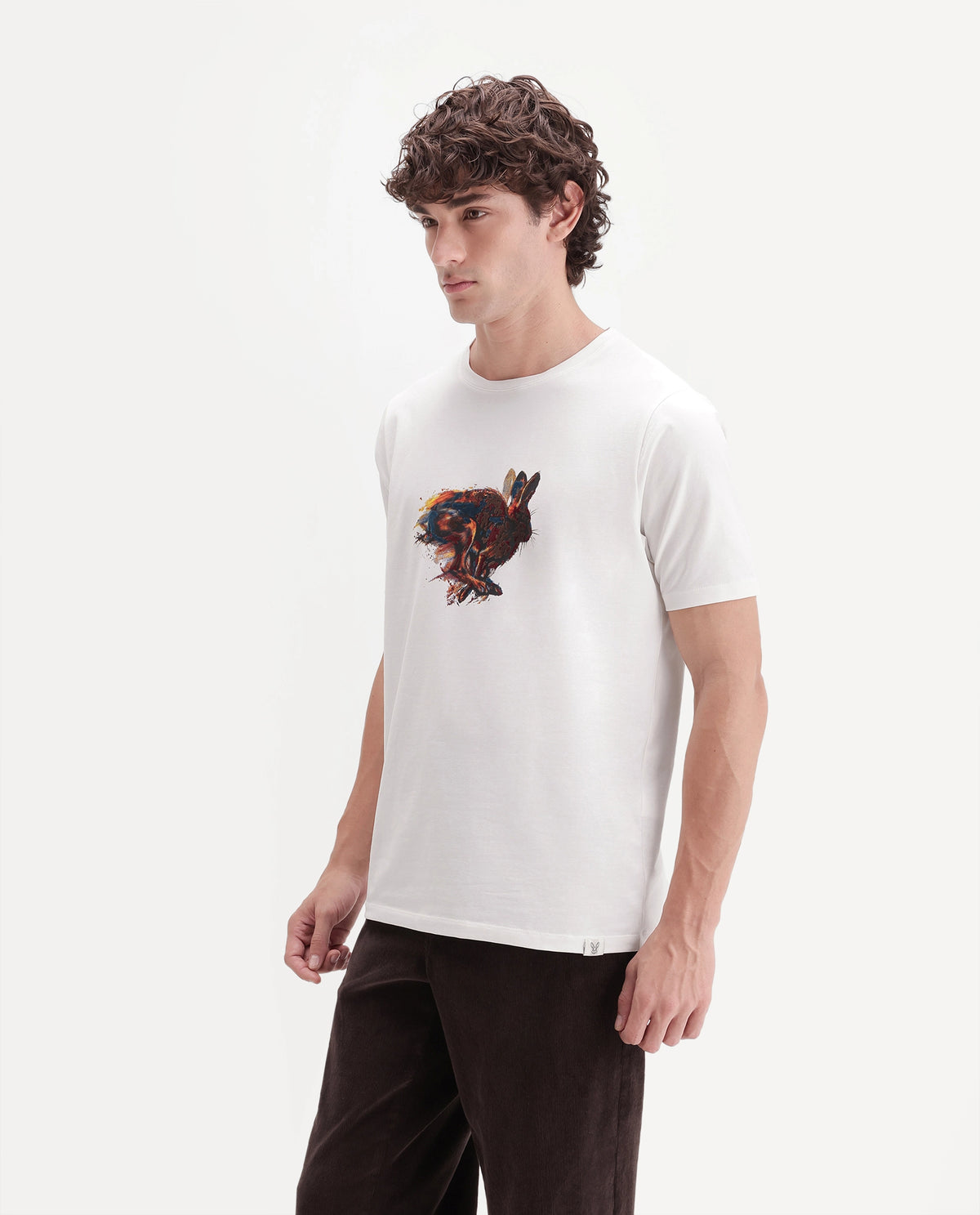Rare Rabbit Men's Retho Off White Cotton Blend Crew Neck Regular Graphic Print T-Shirt