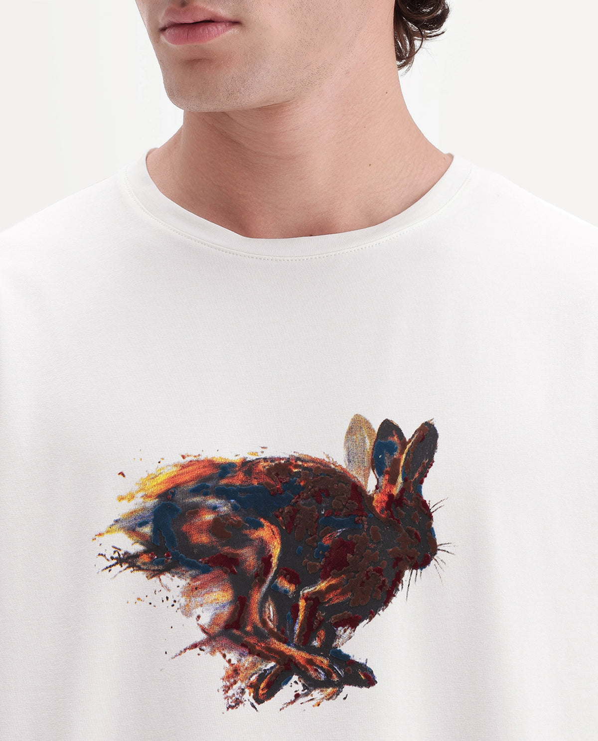 Rare Rabbit Men's Retho Off White Cotton Blend Crew Neck Regular Graphic Print T-Shirt