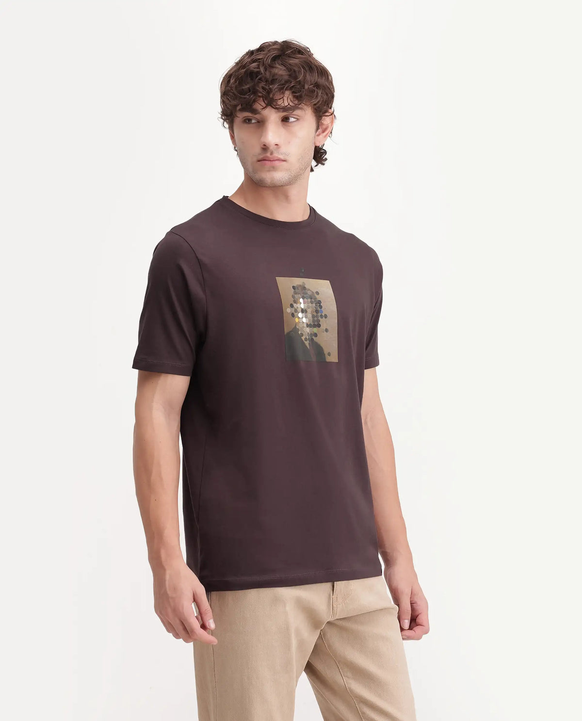 Rare Rabbit Men's Selo Dark Brown Cotton Blend Crew Neck Regular Graphic Print T-Shirt