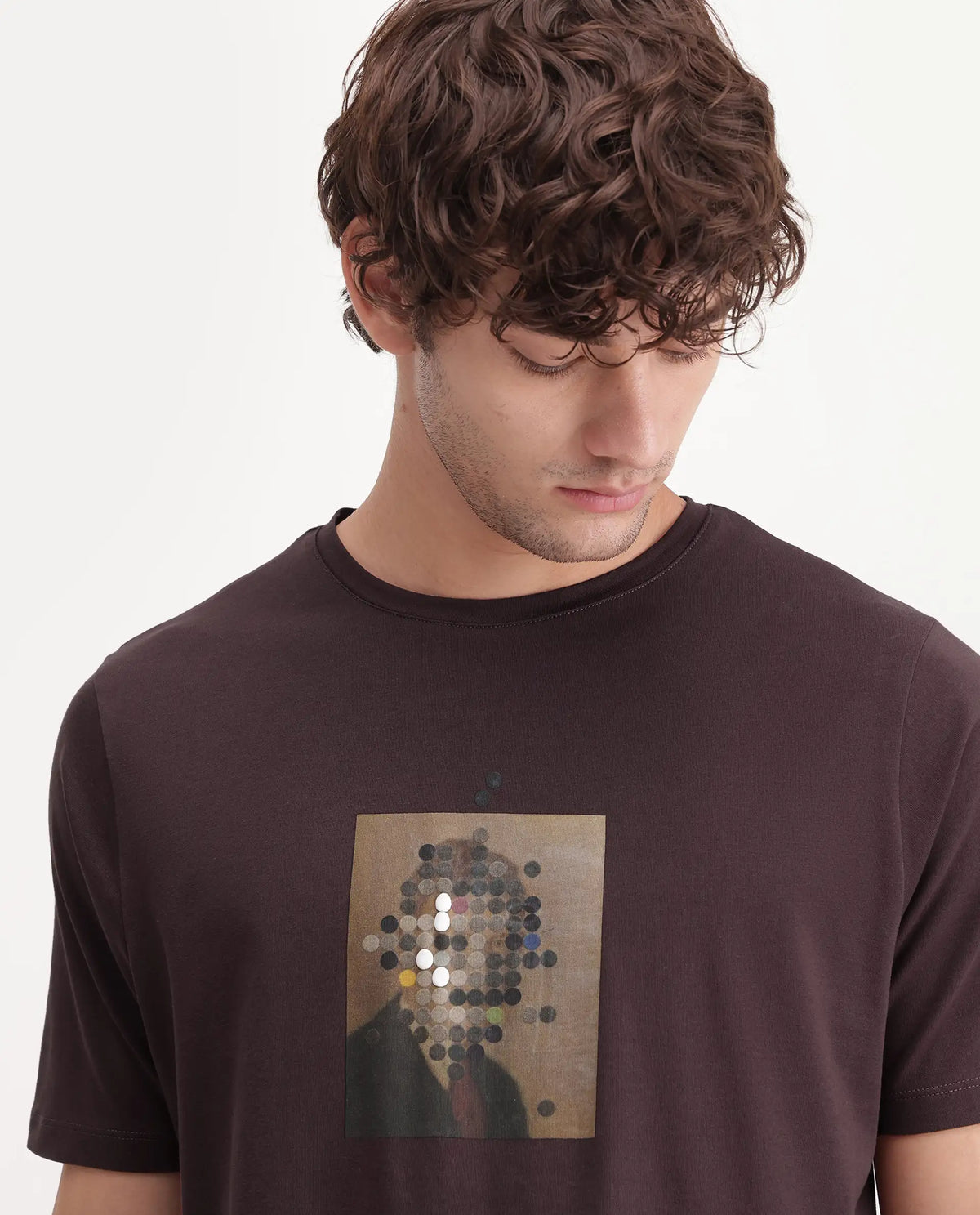 Rare Rabbit Men's Selo Dark Brown Cotton Blend Crew Neck Regular Graphic Print T-Shirt