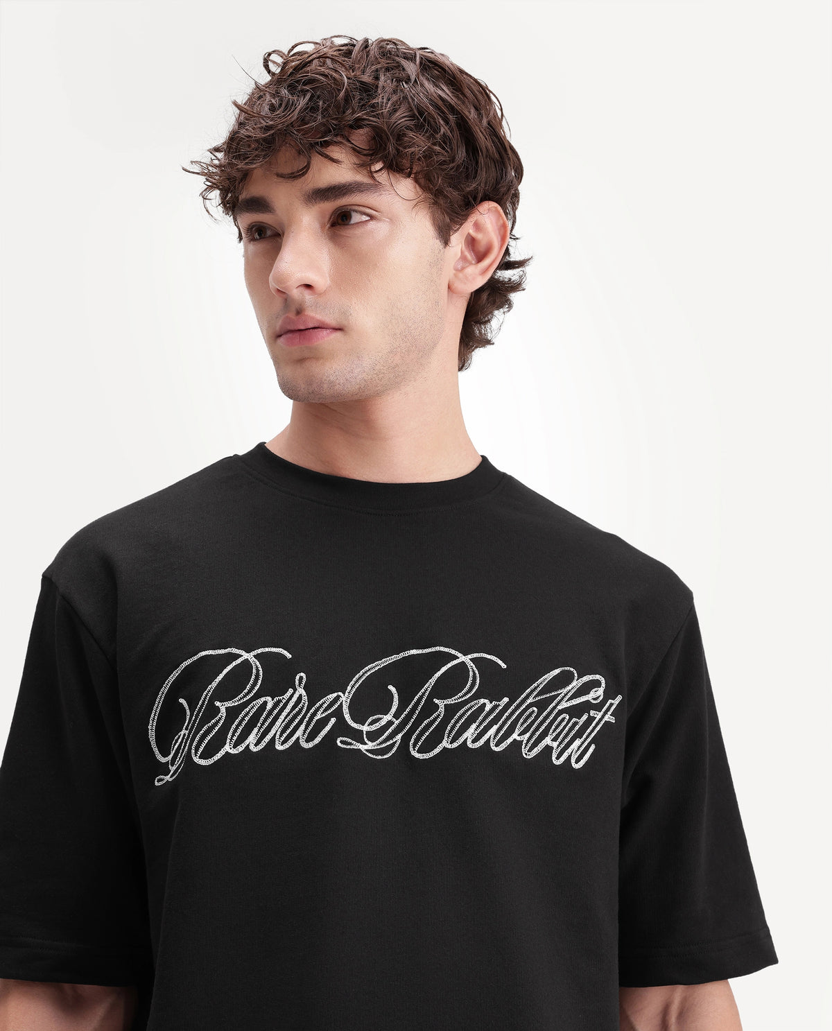 Rare Rabbit Men's Amel Black Cotton Crew Neck Relaxed Embroidered T-Shirt