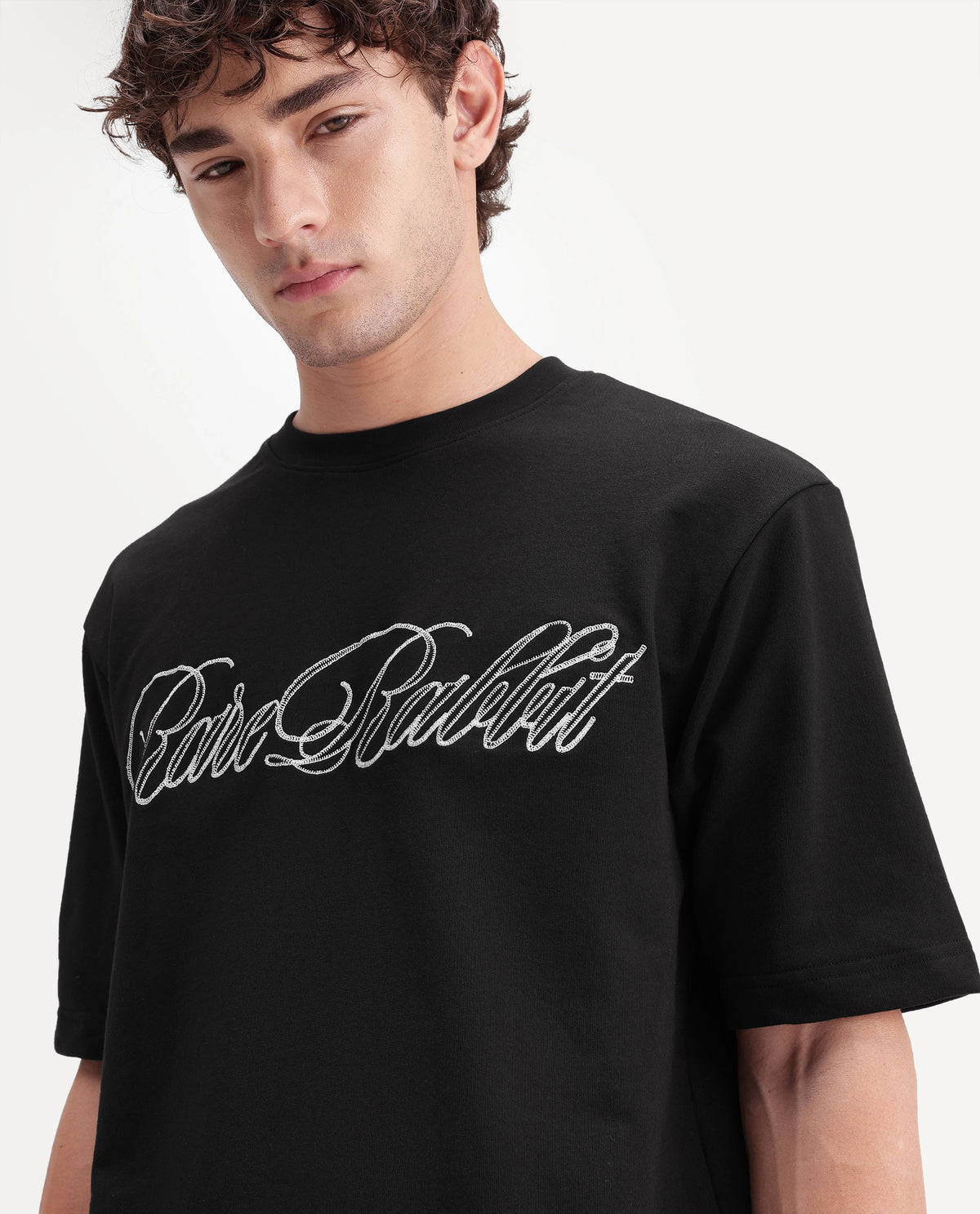 Rare Rabbit Men's Amel Black Cotton Crew Neck Relaxed Embroidered T-Shirt